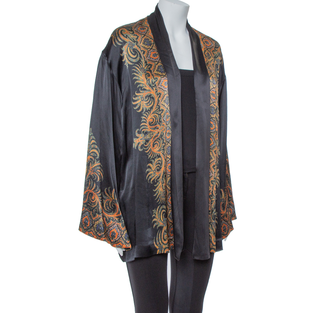 

Etro Black Satin Paisley Print Open Front Kimono Jacket