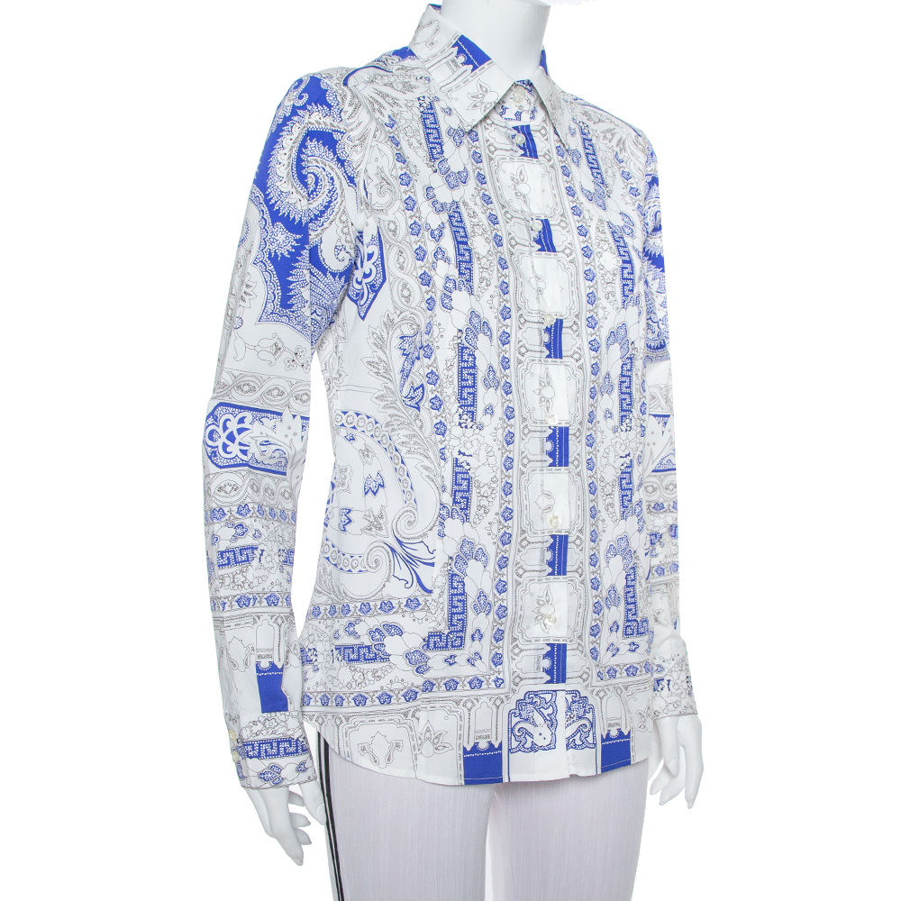 

Etro White & Blue Abstract Printed Cotton Button Front Shirt