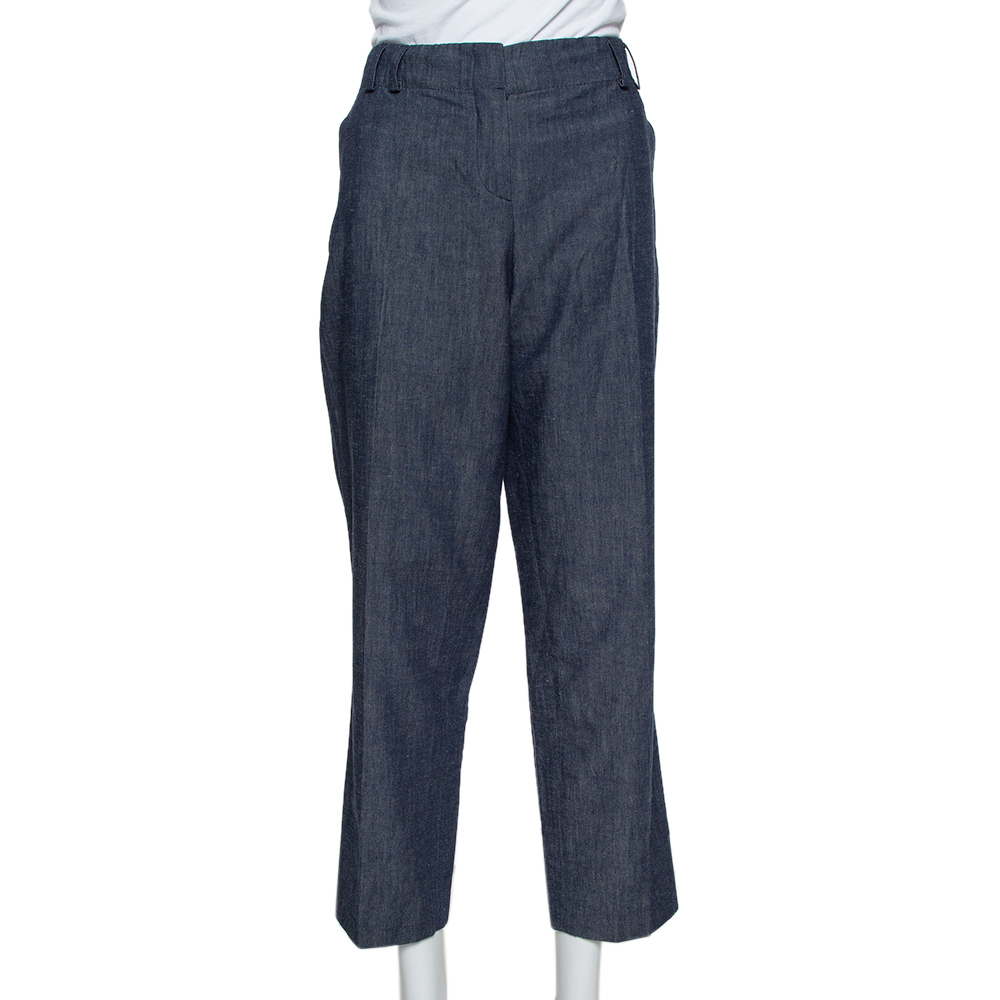 Pre-owned Etro Blue Linen Straight Leg Trousers L