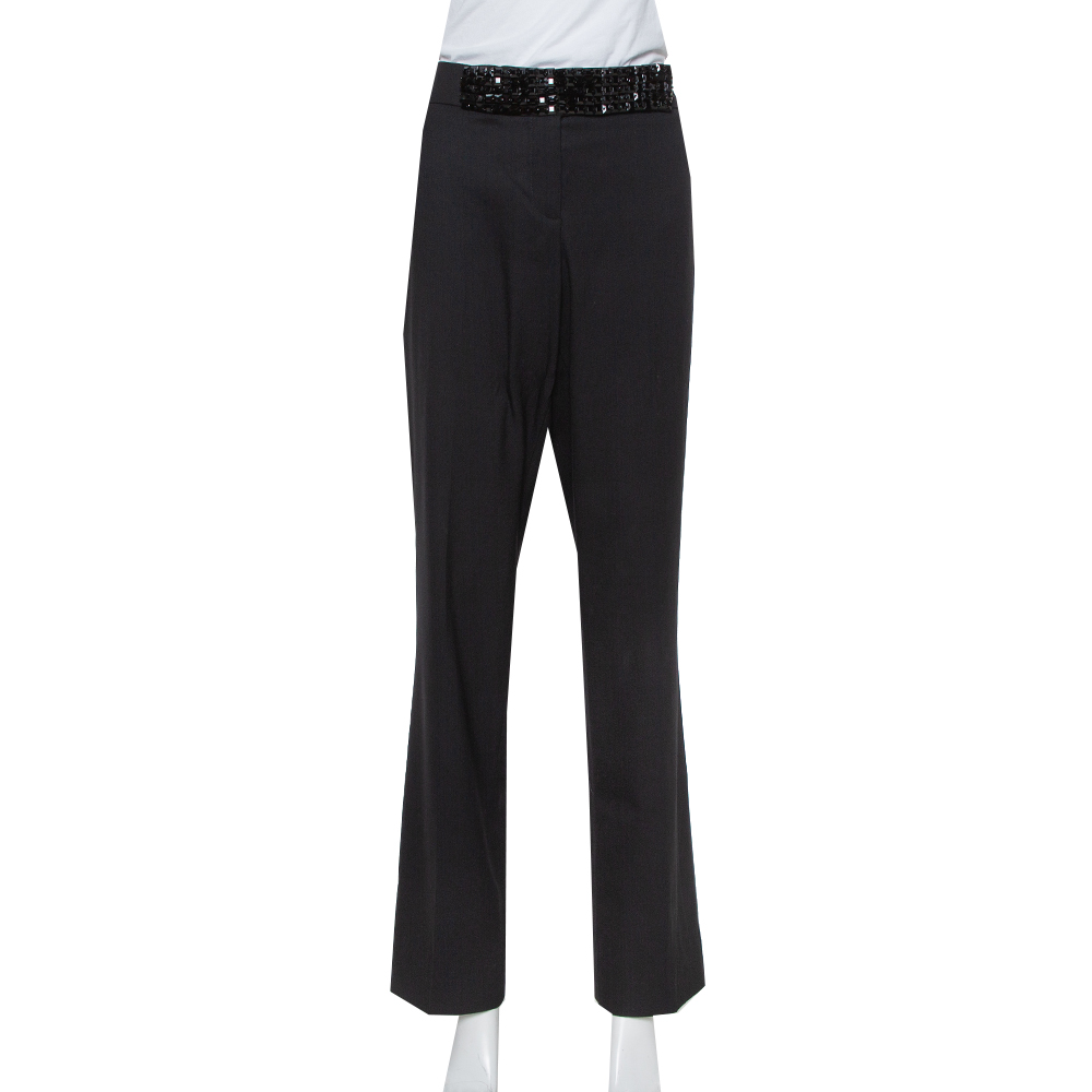 Pre-owned Etro Black Wool Embellished Waist Detail Trousers L