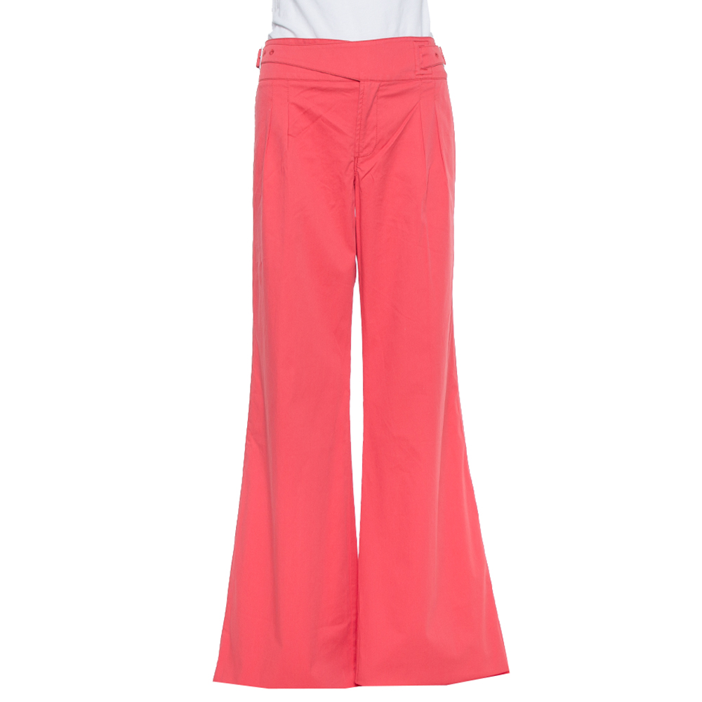 Pre-owned Etro Pink Cotton Belted Waist Detail Flared Trousers L