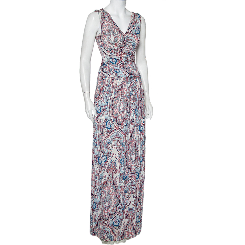 

Etro Multicolor Paisley Printed Knit Ruched Belted Detail Maxi Dress