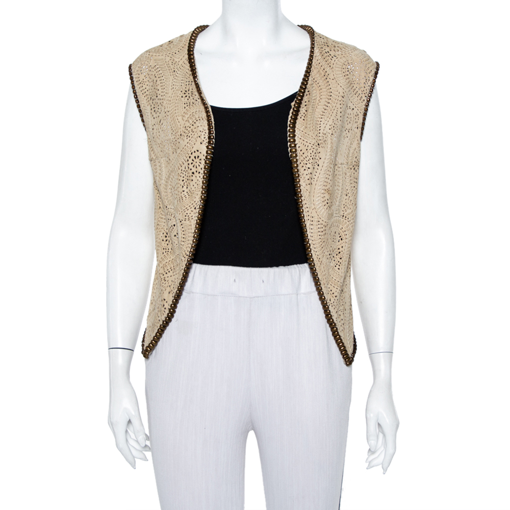 

Etro Beige Perforated Suede Bead Detail Open Front Shrug