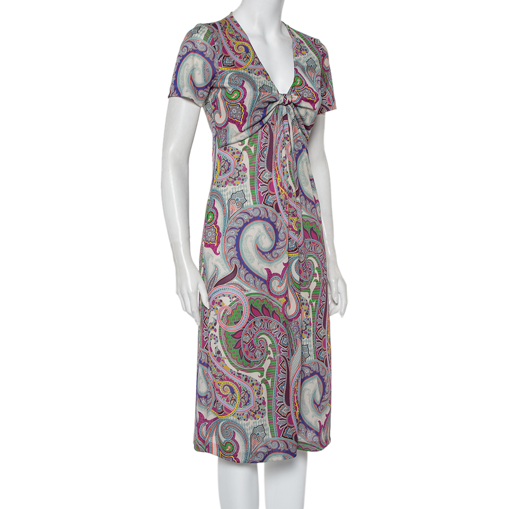 

Etro Multicolor Paisley Printed Silk Draped Detail Midi Dress