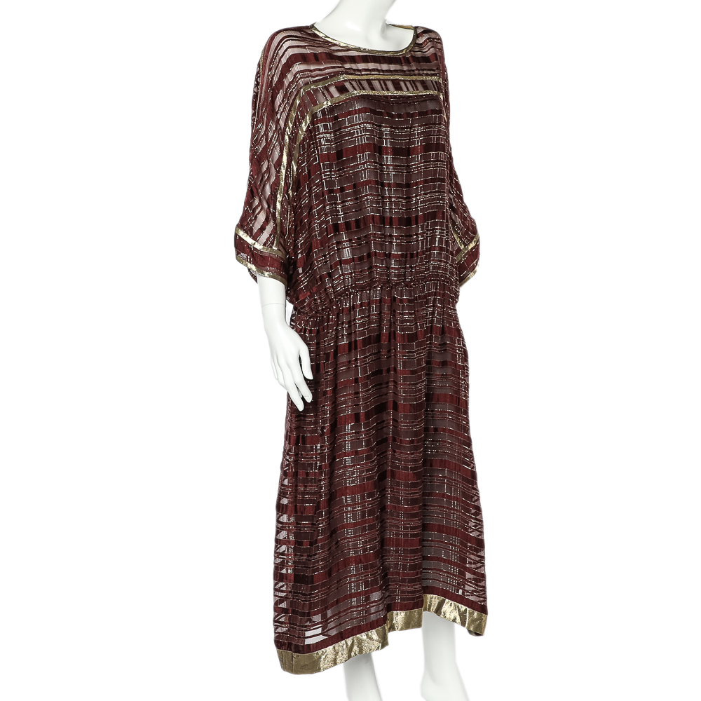 

Etro Burgundy Striped Lurex Detail Chiffon Waist Tie Detail Oversized Dress