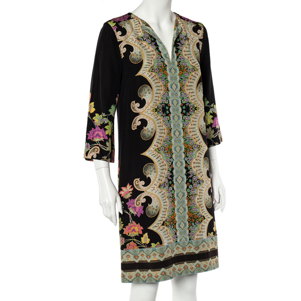 

Etro Black Floral Print Silk Shift Dress