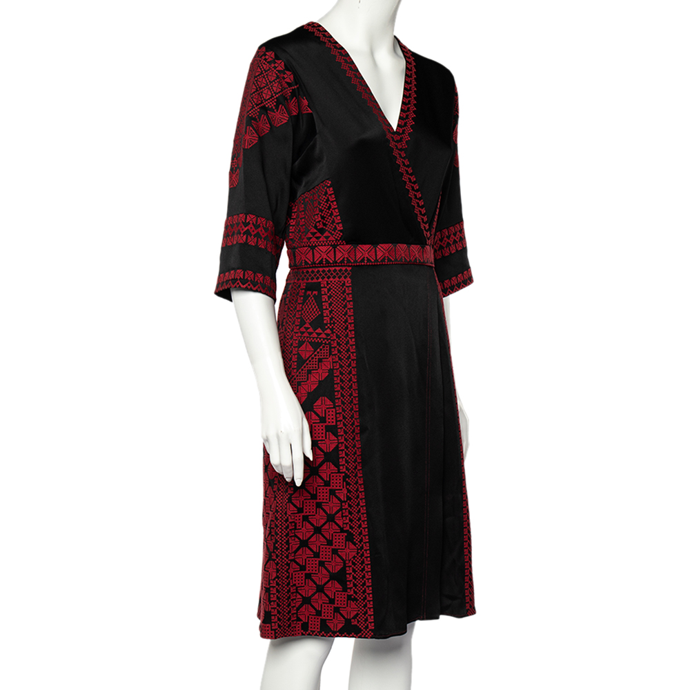 

Etro Black Sateen Contrast Embroidered Faux Wrap Midi Dress