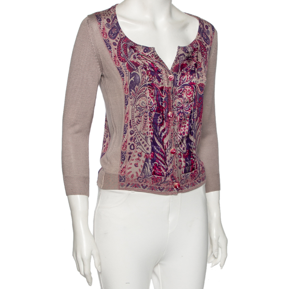 

Etro Purple Paisley Printed Silk Knit Button Front Cardigan