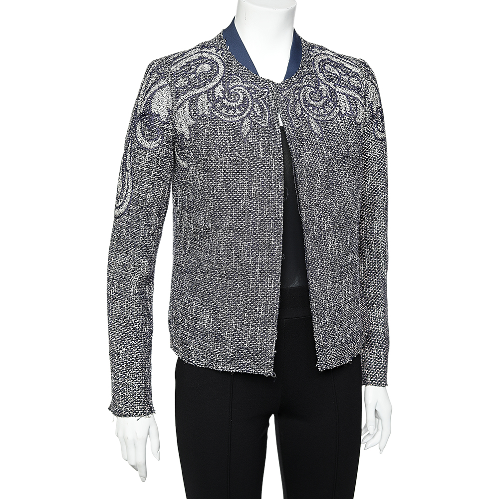 

Etro Navy Blue Paisley Tweed Open Front Jacket