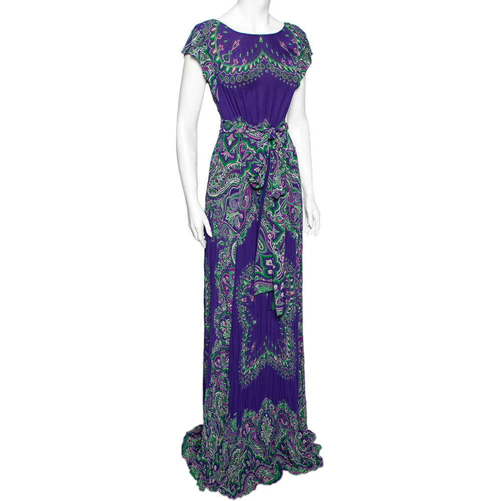 

Etro Blue Paisley Printed Crinkled Chiffon Maxi Dress