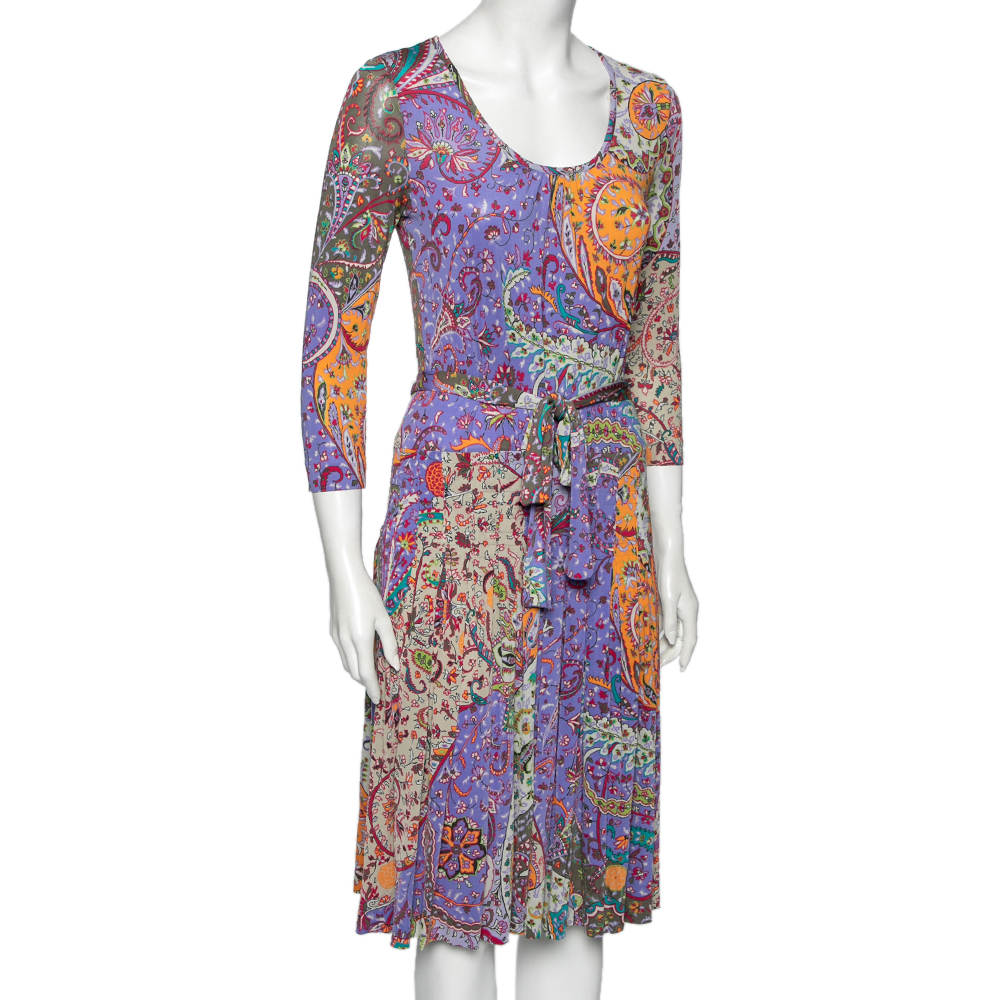 

Etro Multicolor Printed Jersey Belted Pleated Dress