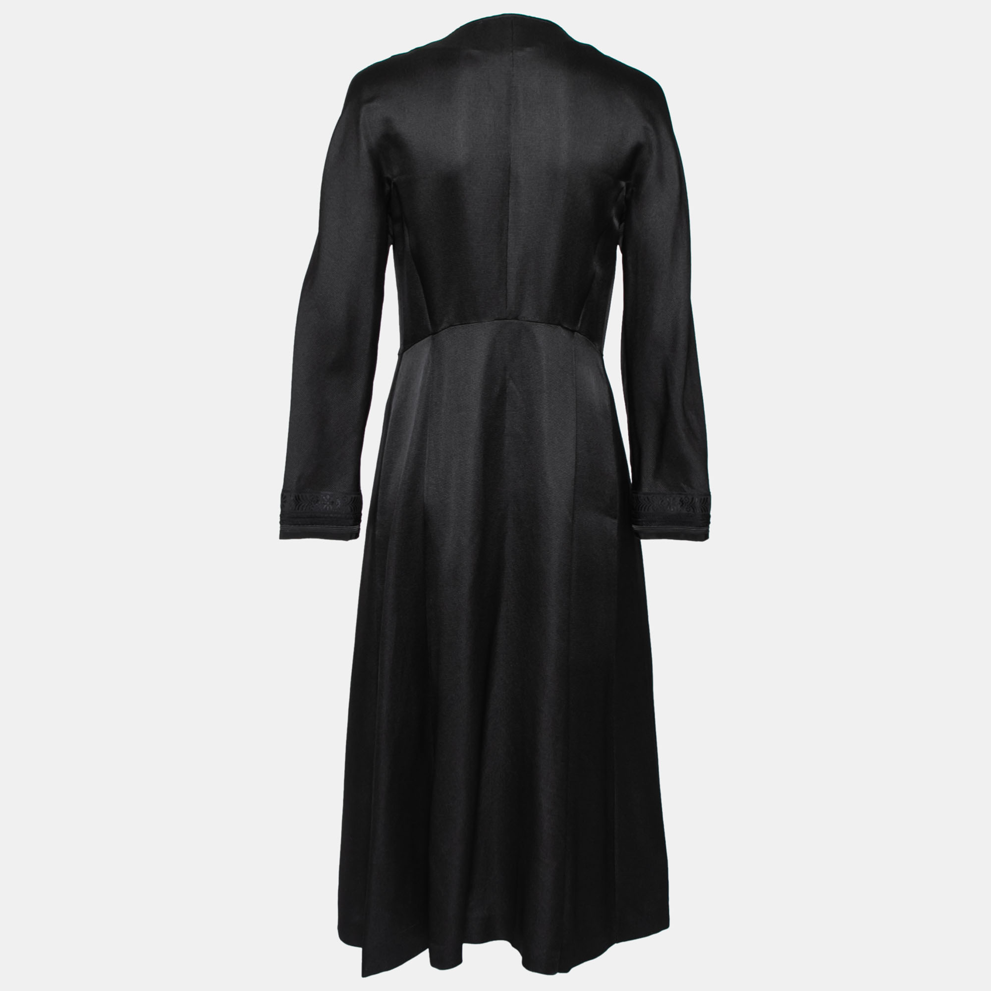 

Etro Black Textured Satin Twill Ribbon Trimmed Long Coat
