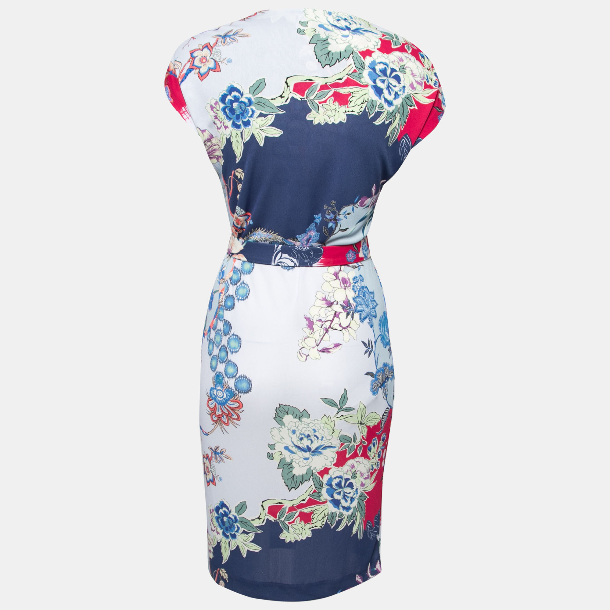 

Etro Blue Floral Printed Knit V-Neck Belted Dress