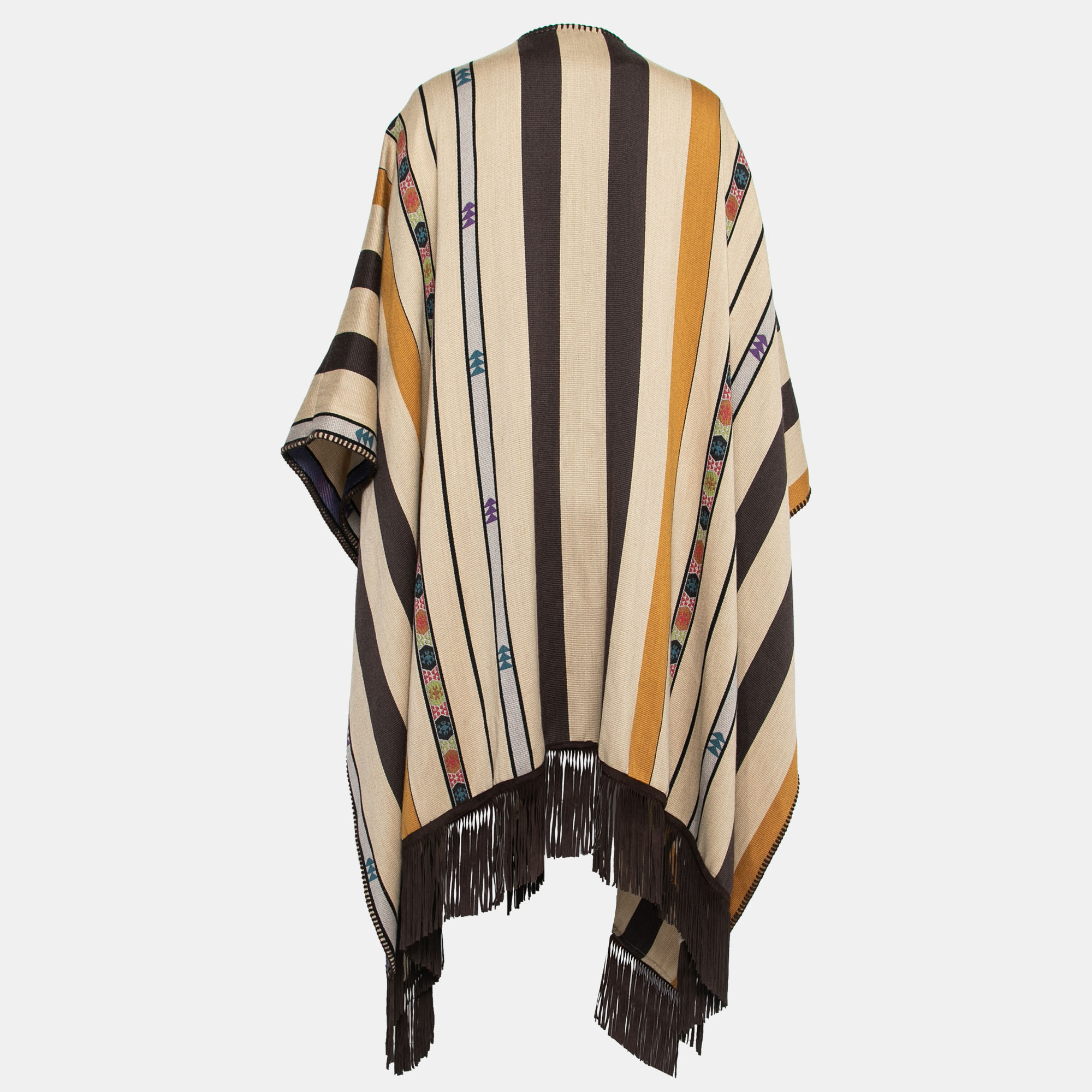 

Etro Brown Geometric Pattern Print Wool Fringed Cape