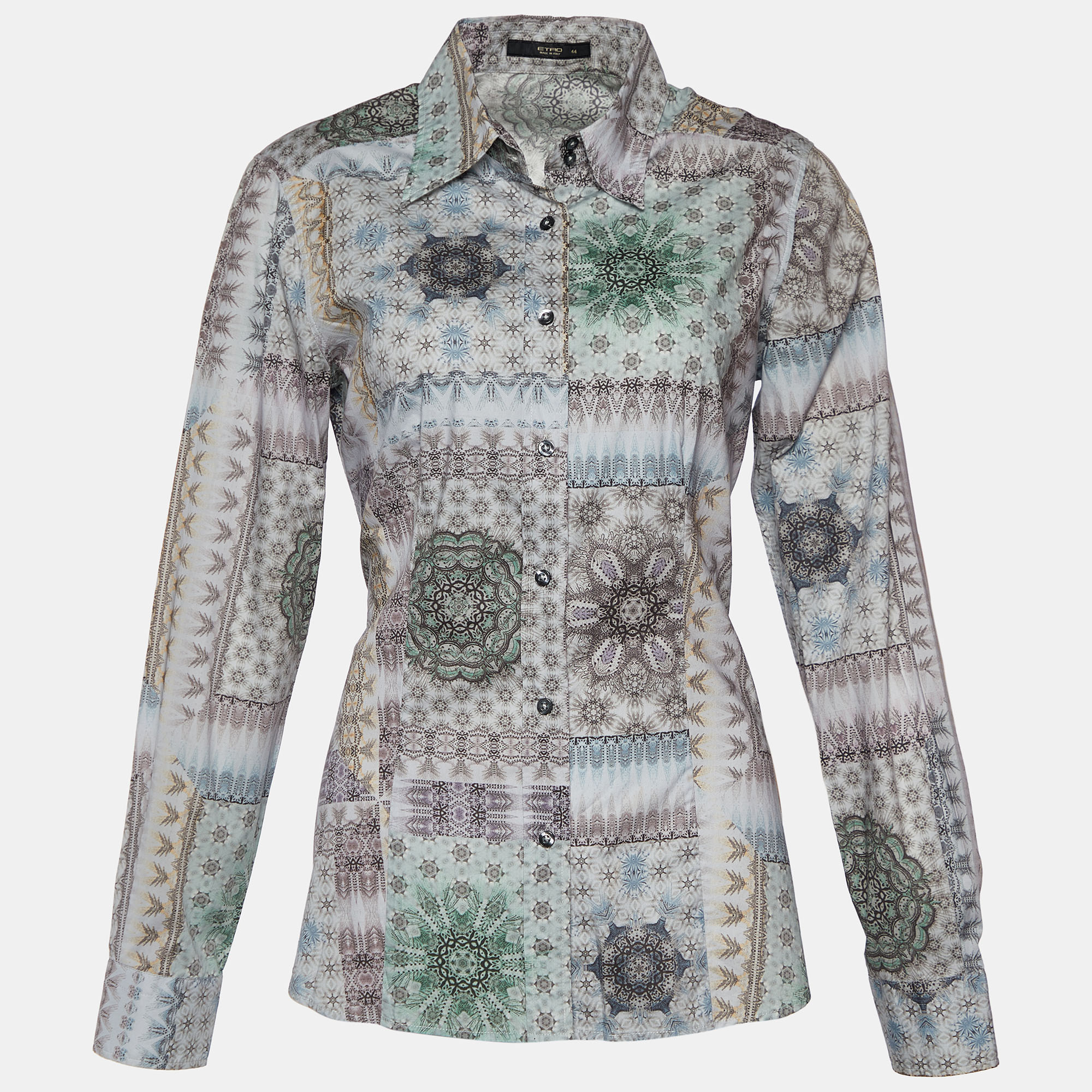 Pre-owned Etro Grey Kaleidoscope Print Stretch Cotton Button Front Shirt M