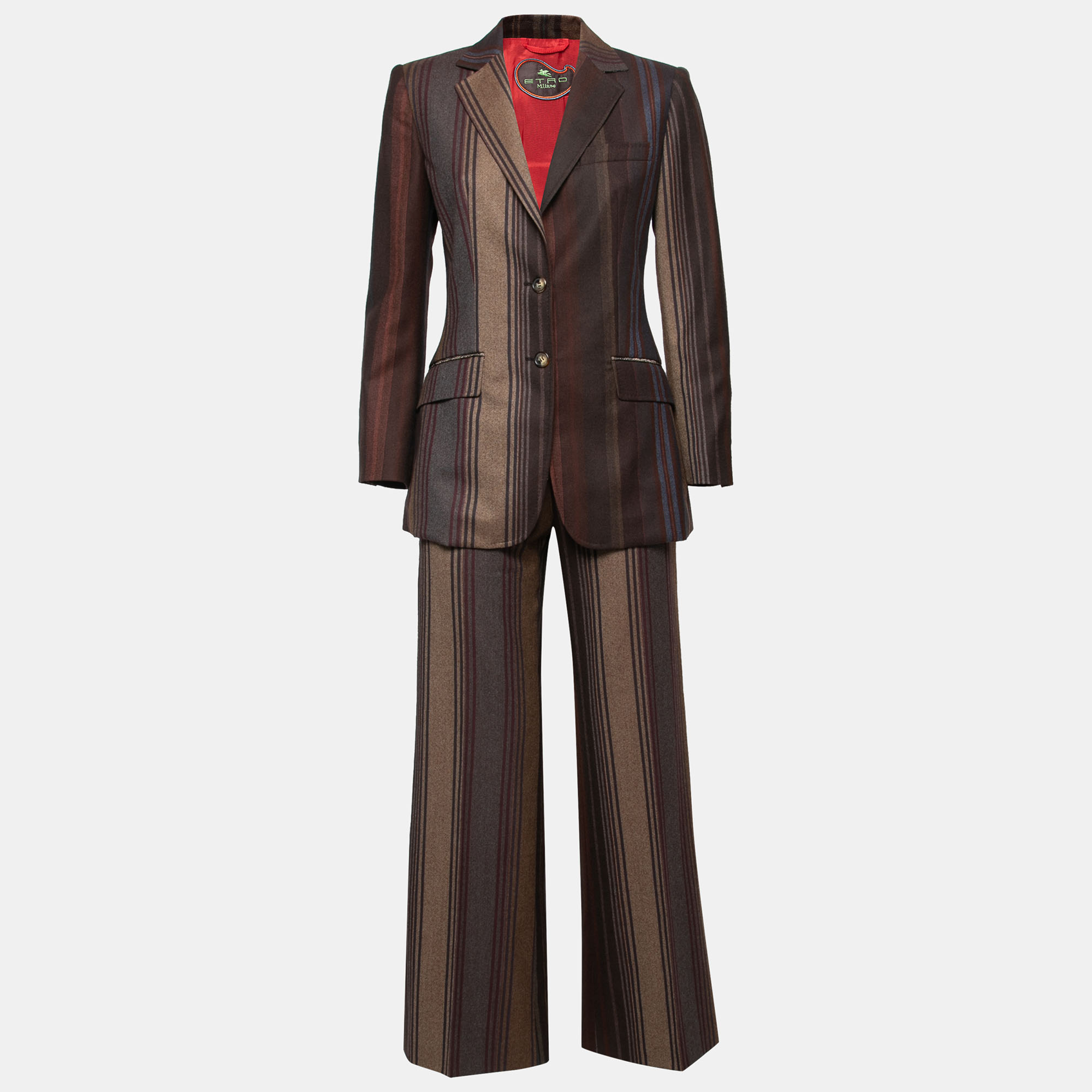 Pre Owned Etro Brown Striped Wool Single Breasted Blazer & Straight Leg Pant Set M