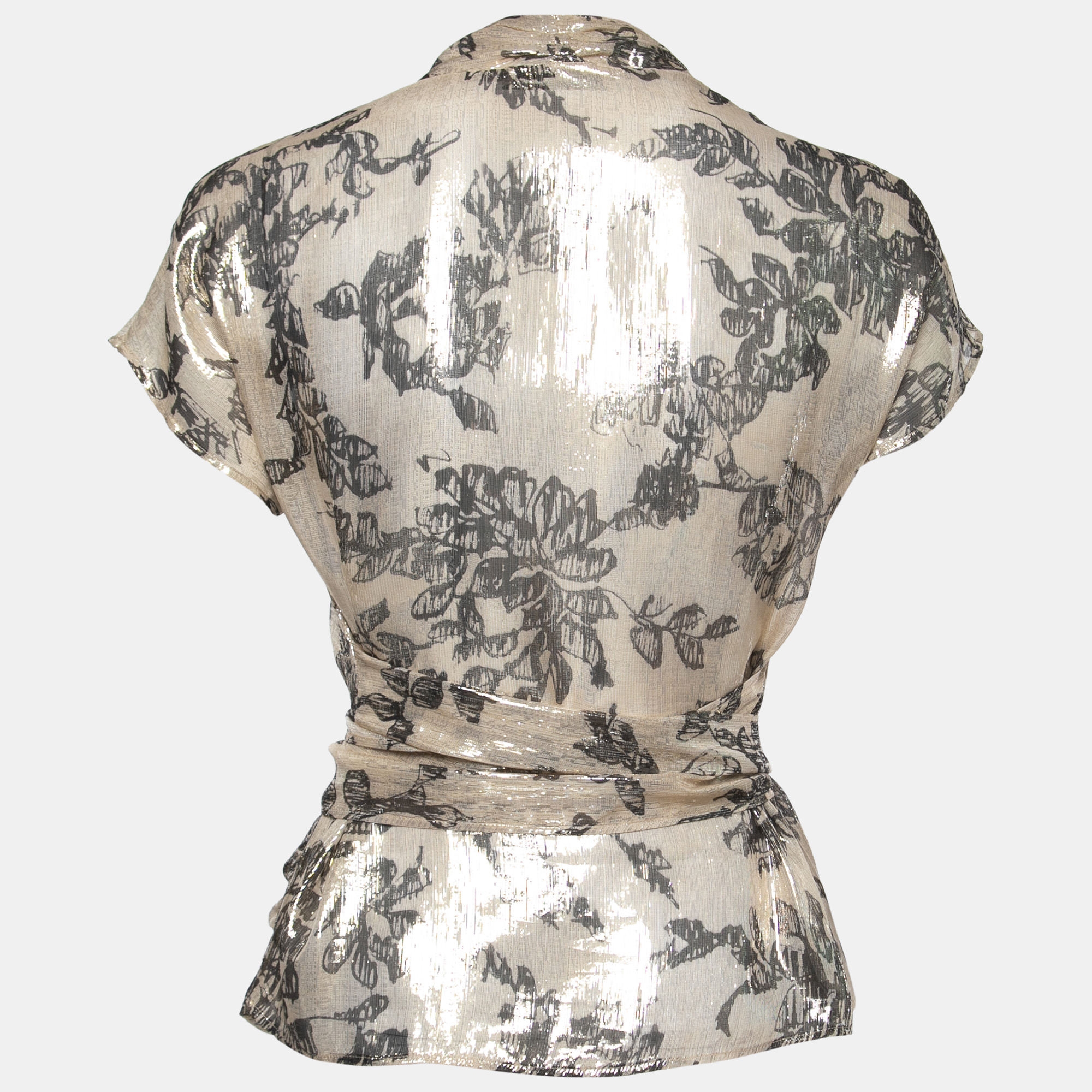 

Etro Gold Metallic Floral Print Silk Wrap Blouse