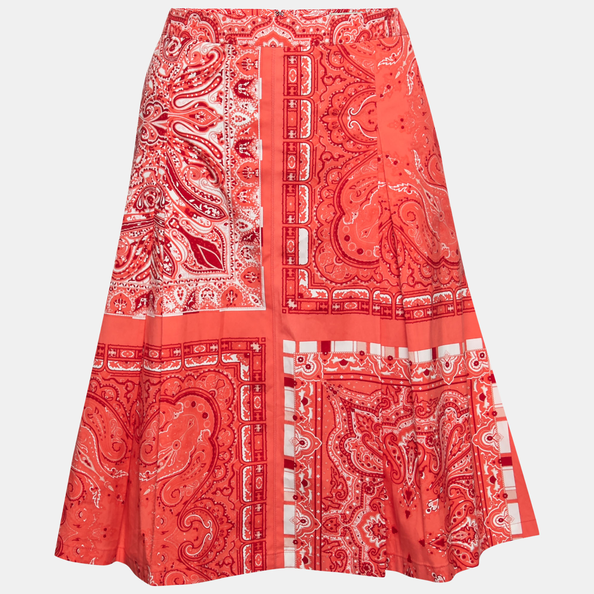 Pre-owned Etro Red Paisley Printed Cotton Box Pleated Skirt L