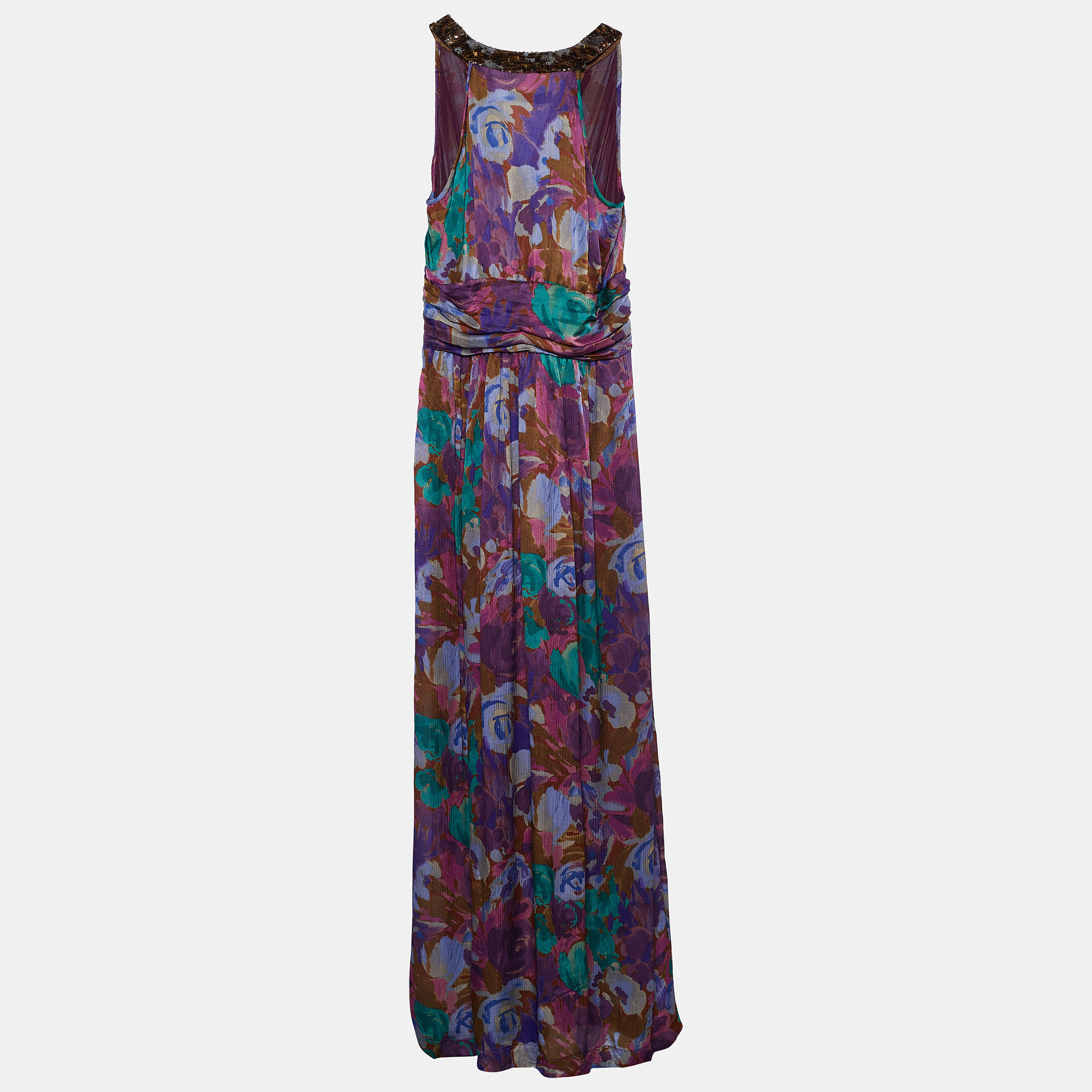 

Etro Purple Floral Print Silk Pliseé Maxi Dress