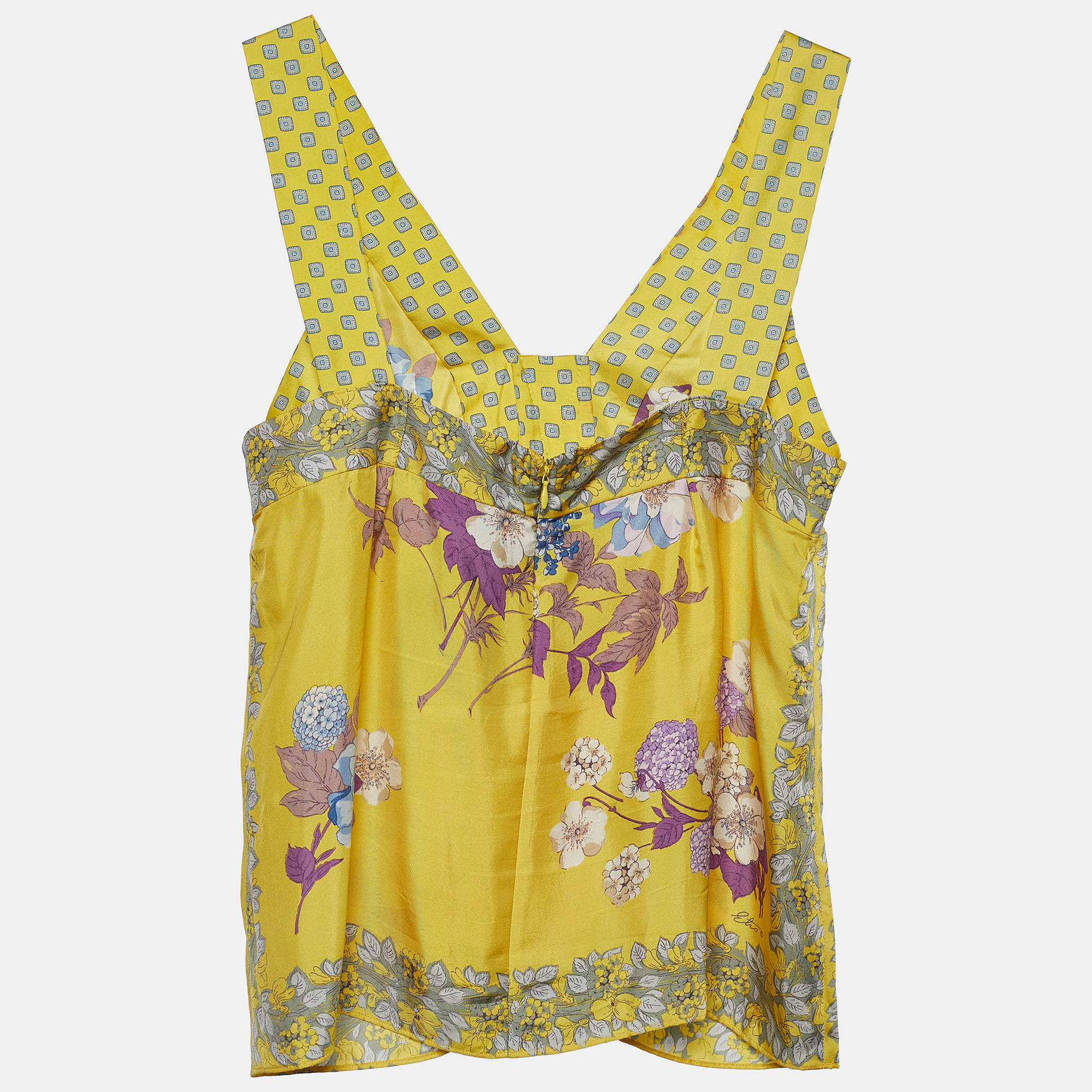 Pre-owned Etro Yellow Floral Print Silk Sleeveless Blouse L