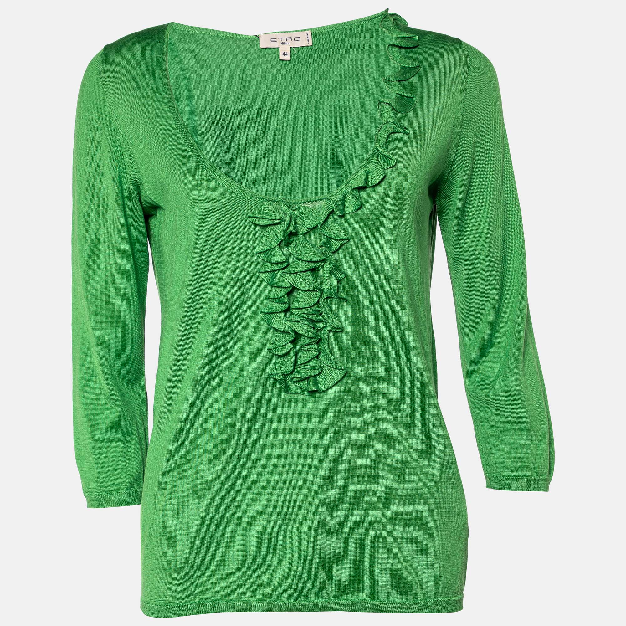 Pre-owned Etro Green Silk Knit Ruffled Top M
