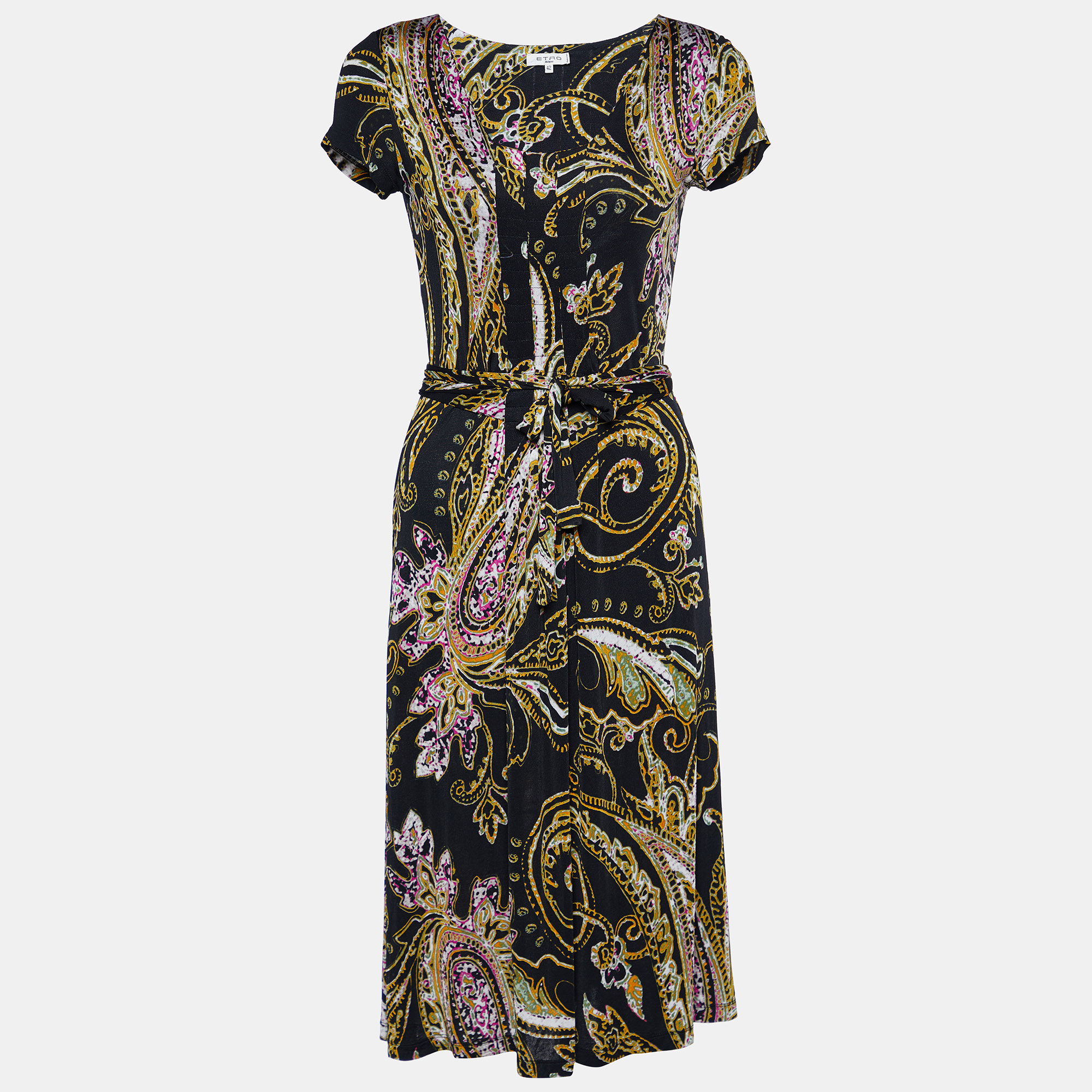 Pre-owned Etro Multicolor Printed Knit Tie Detail Midi Dress M