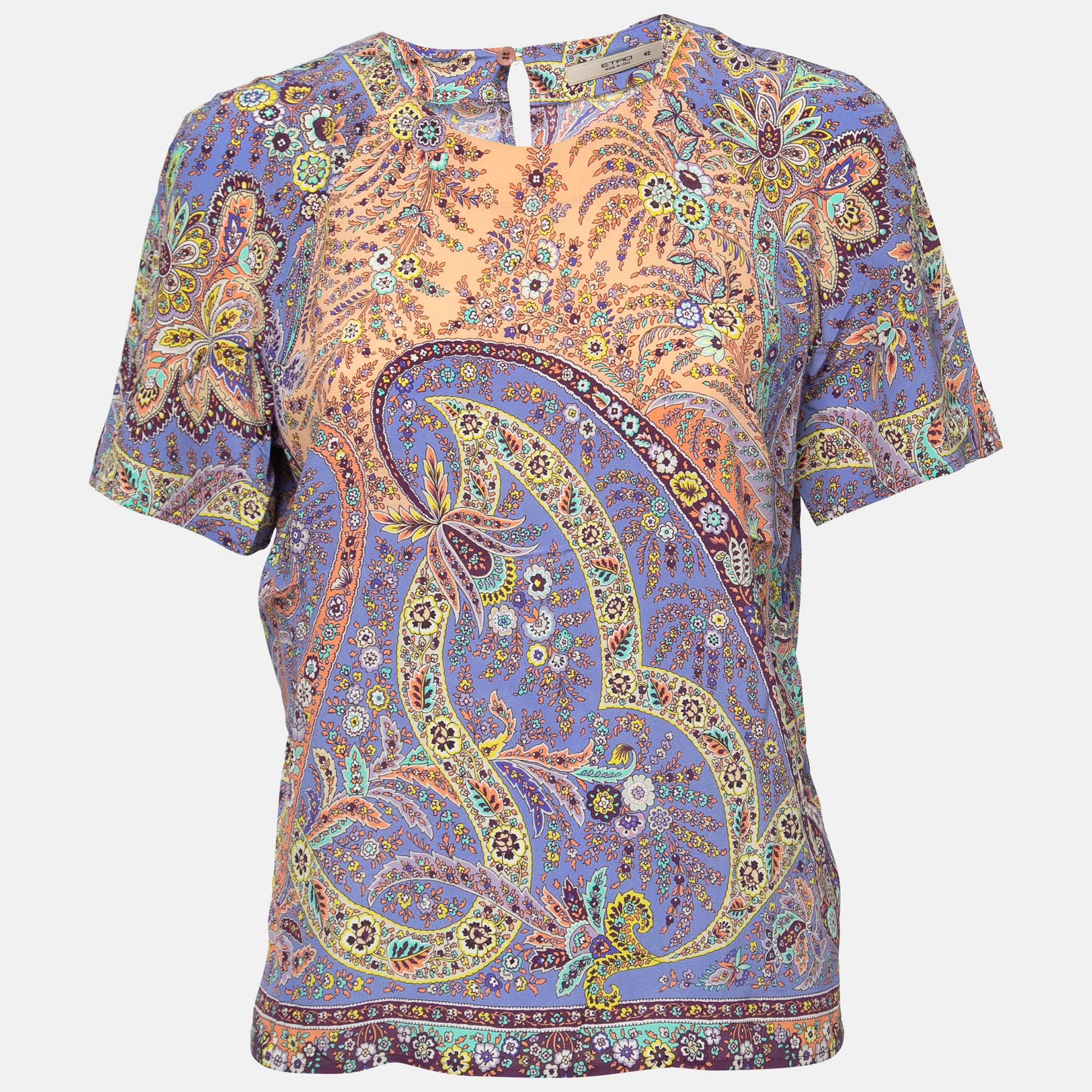 مملوكة مسبقًا Etro Purple Paisley Print Silk Short Sleeve Top M