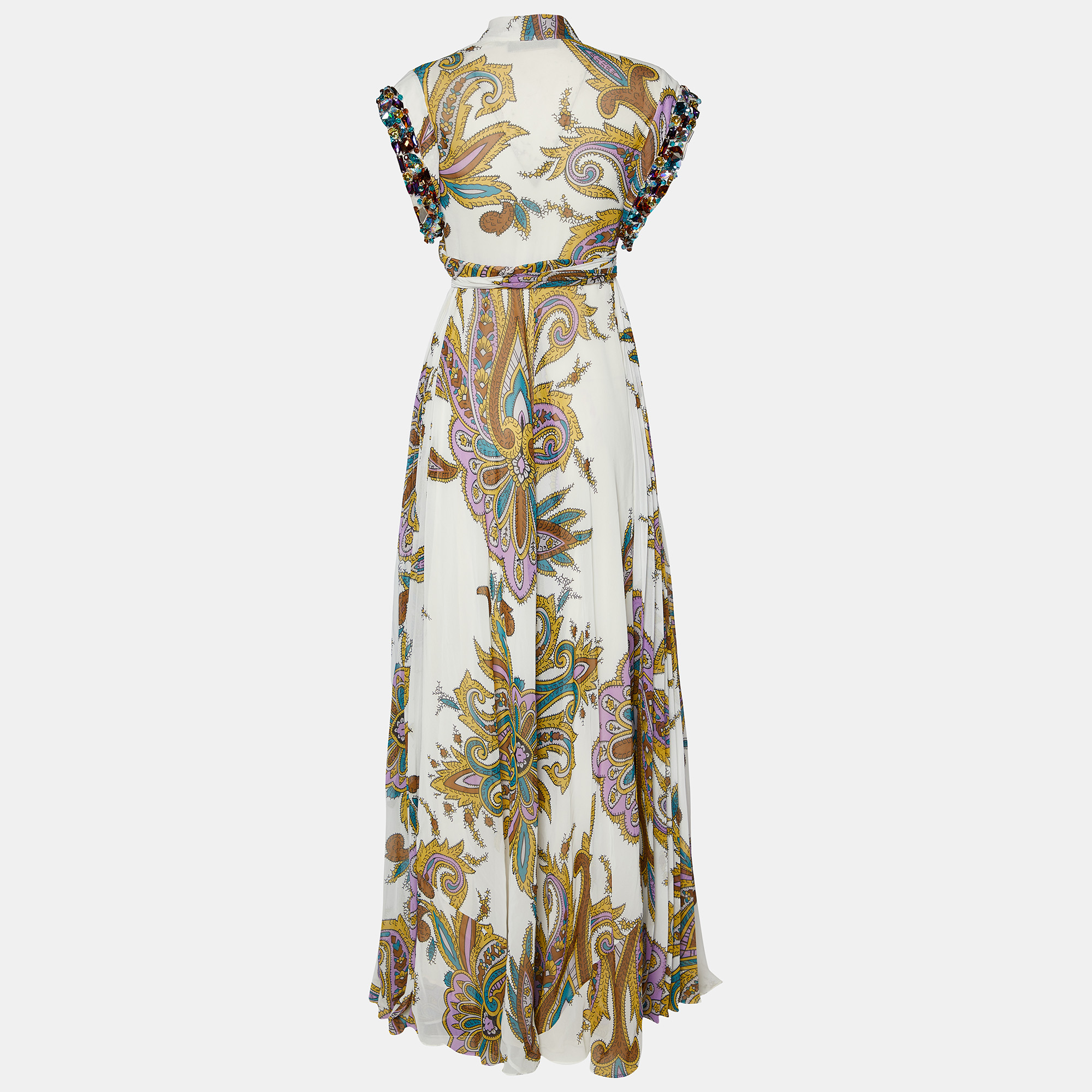 

Etro White Paisley Printed Chiffon Embellished Sleeve Maxi Wrap Dress, Multicolor