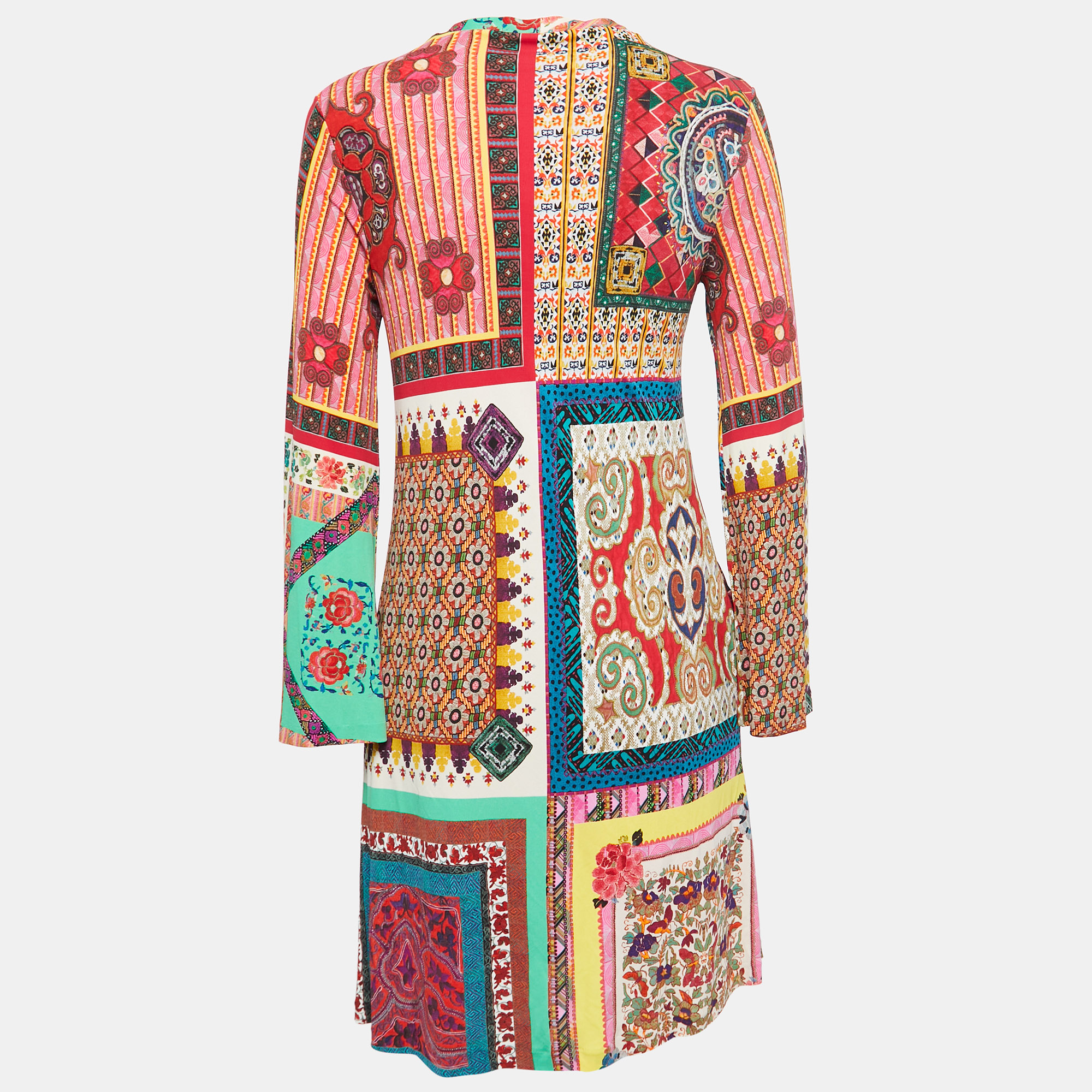 

Etro Multicolor Printed Jersey Patchwork Tie Neck Detail Midi Dress