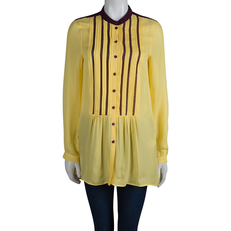 

Etro Yellow Silk Pintucked Lace Insert Long Sleeve Blouse