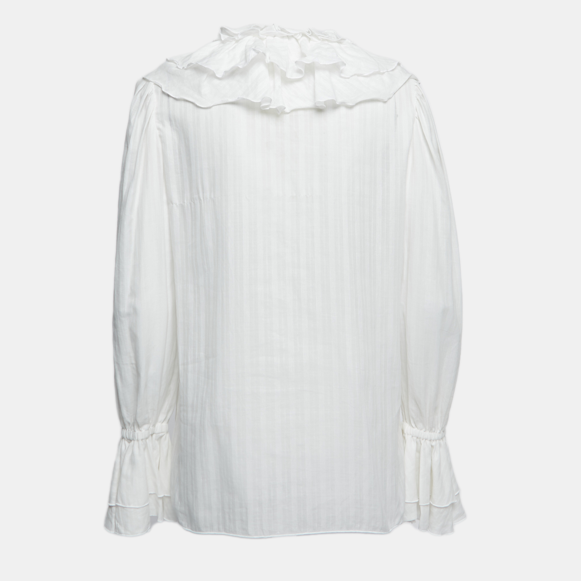 

Etro White Stripe Patterned Cotton Ruffled Blouse