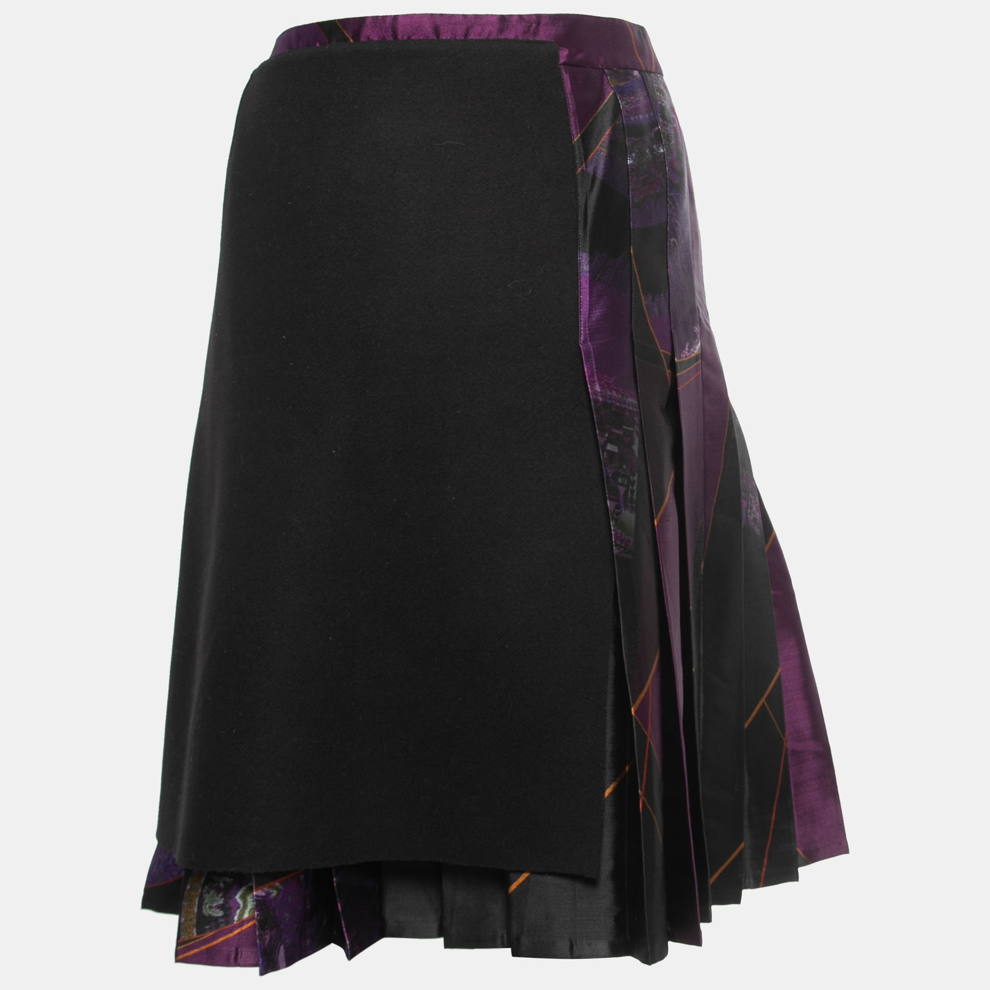 

Etro Black/Purple Printed Silk & Wool Pleated Overlap Detail Knee Length Skirt