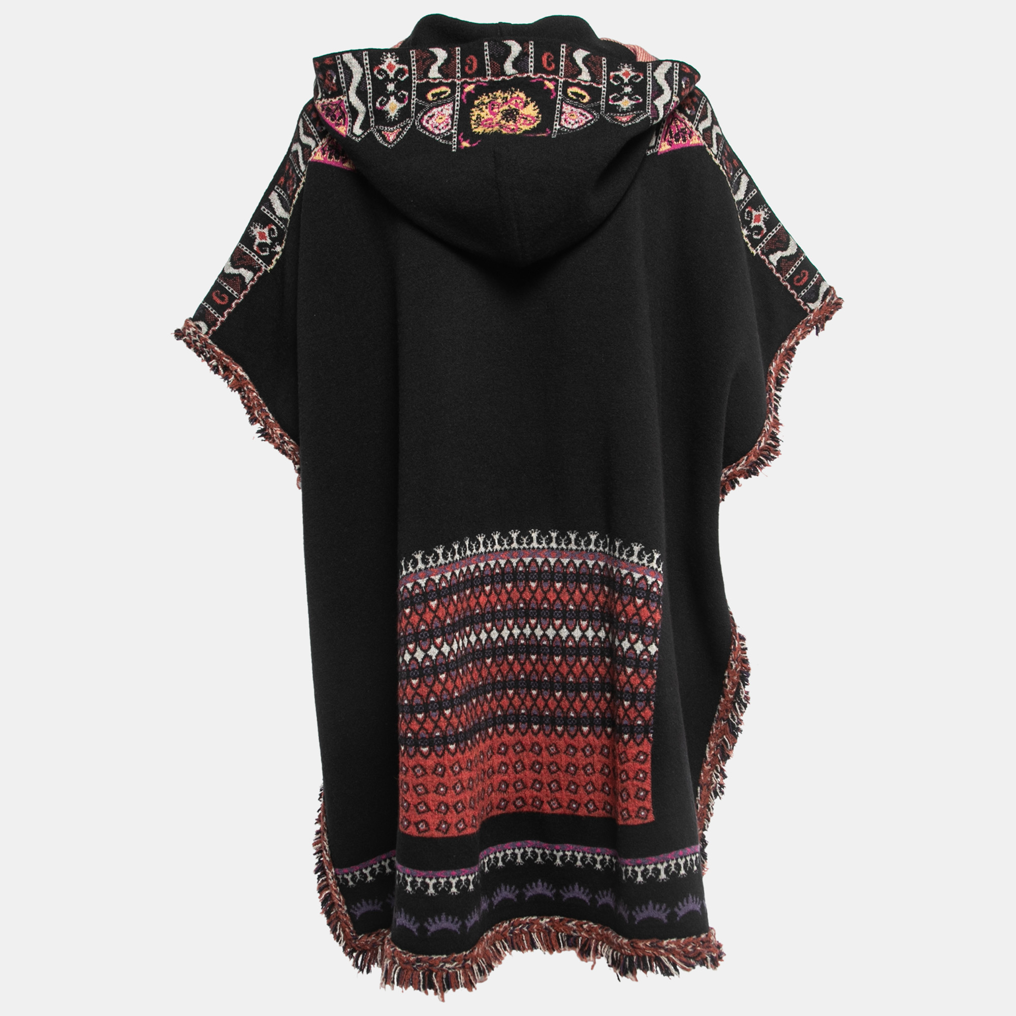 

Etro Black/Multicolor Patterned Wool Fringed Hooded Poncho