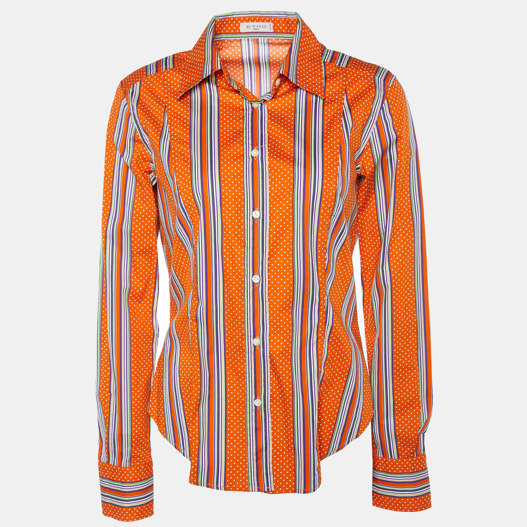 Pre-owned Etro Orange Printed Cotton Button Front Shirt L