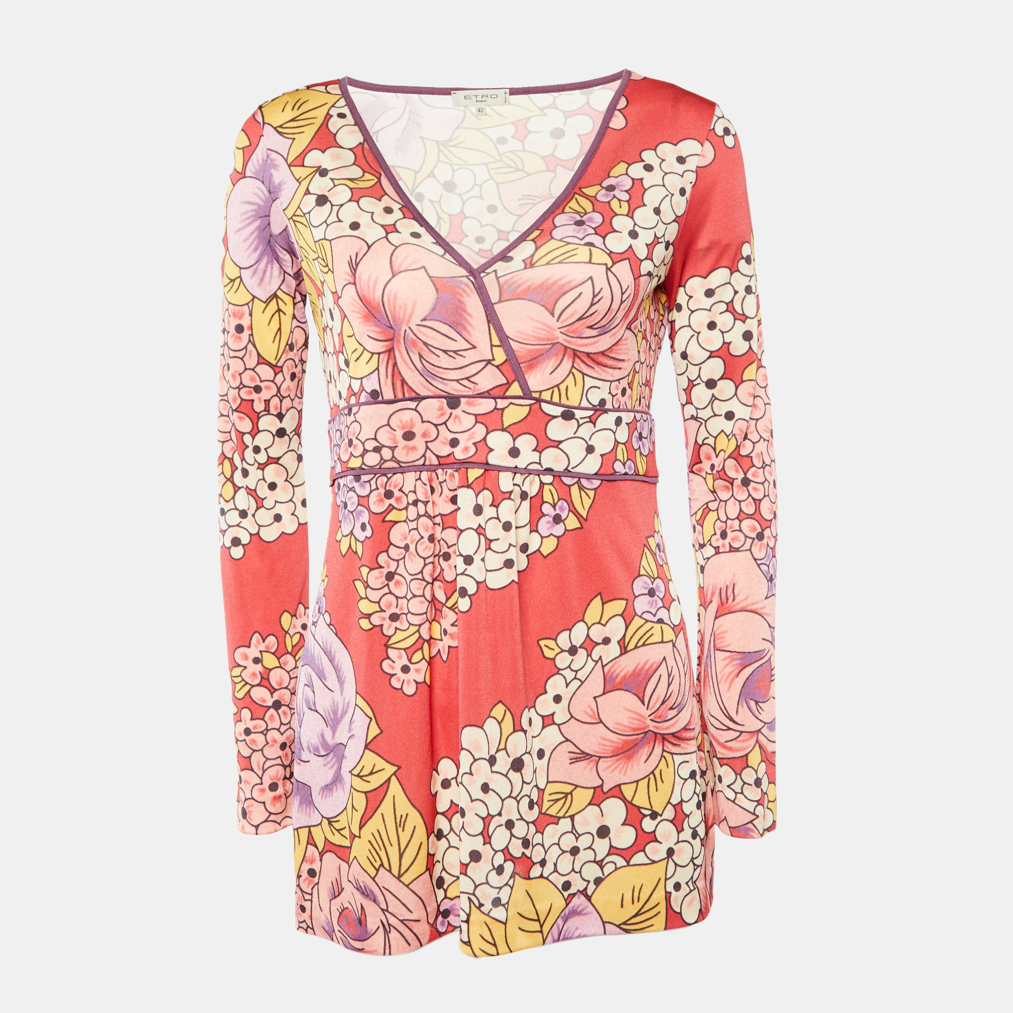 Pre-owned Etro Pink Floral Print Knit Long Sleeve Tunic Top M