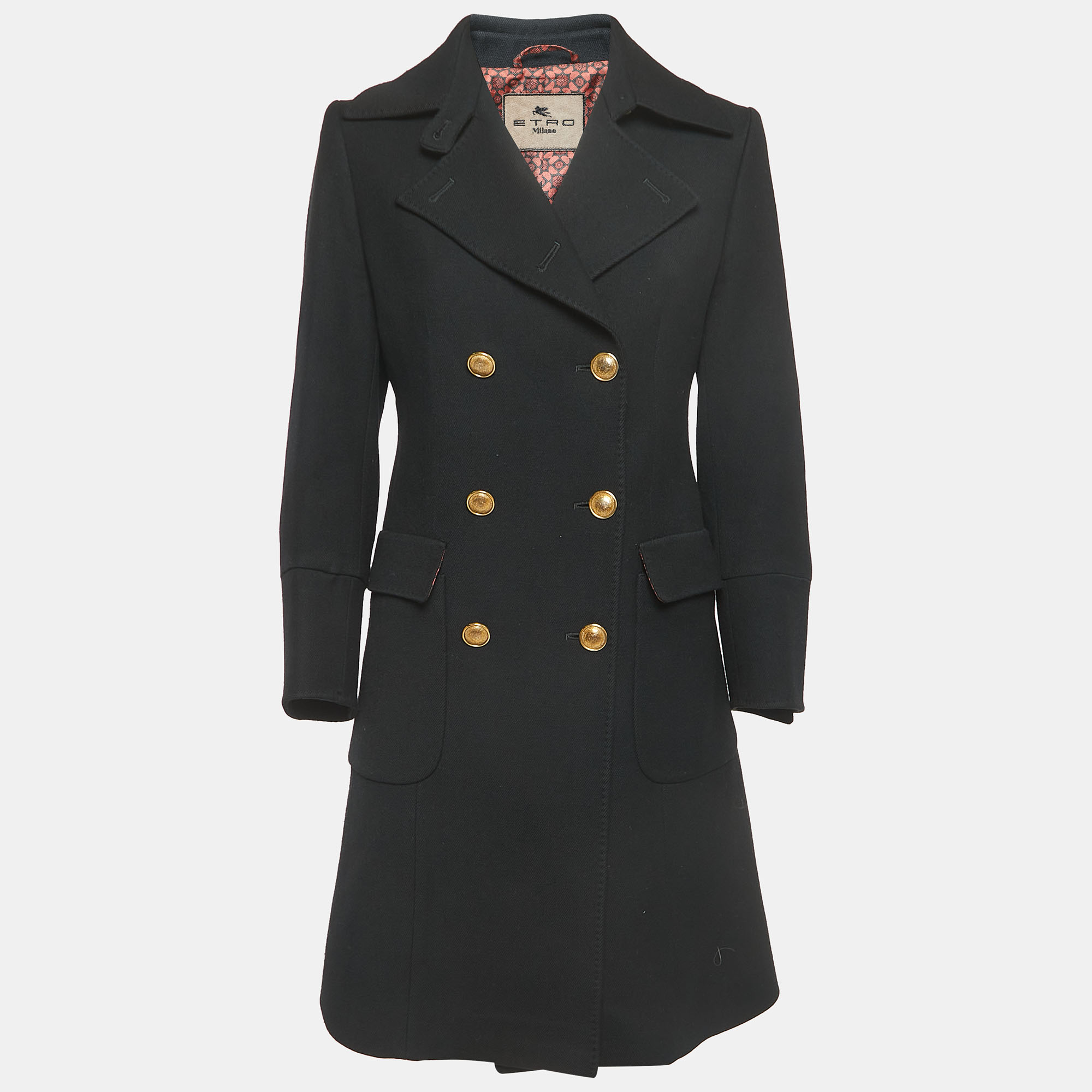 Pre Owned Etro Black Wool Double Breasted Coat M