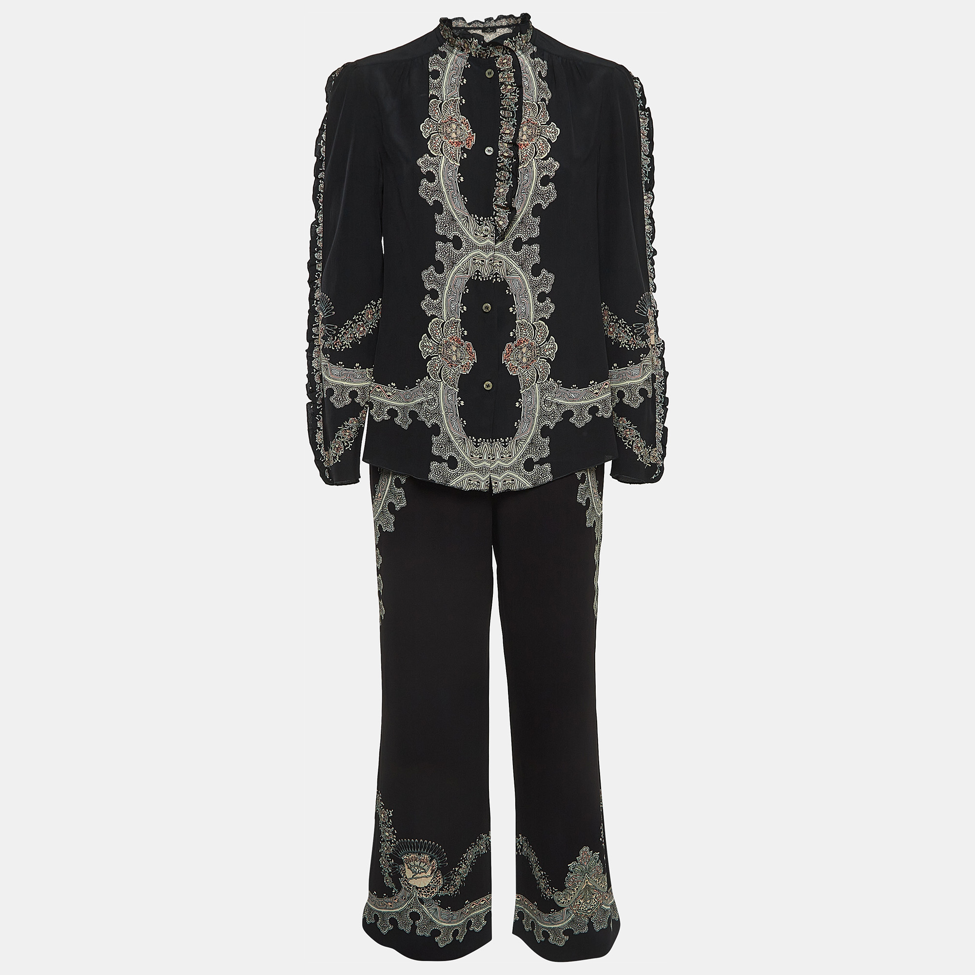 

Etro Black Floral Print Silk and Crepe Ruffled Shirt and Trouser Set