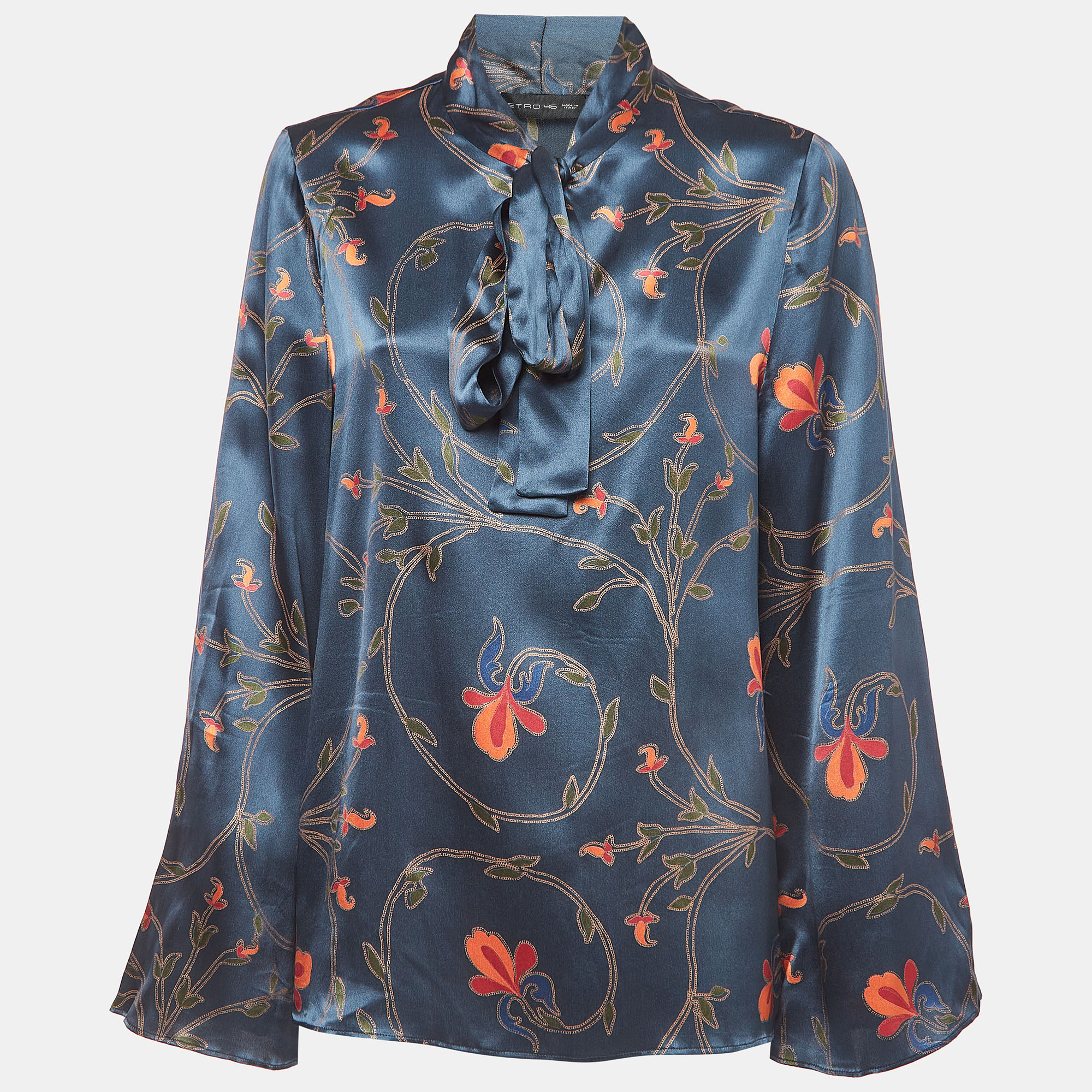 

Etro Blue Floral Print Silk Satin Neck Tie Blouse