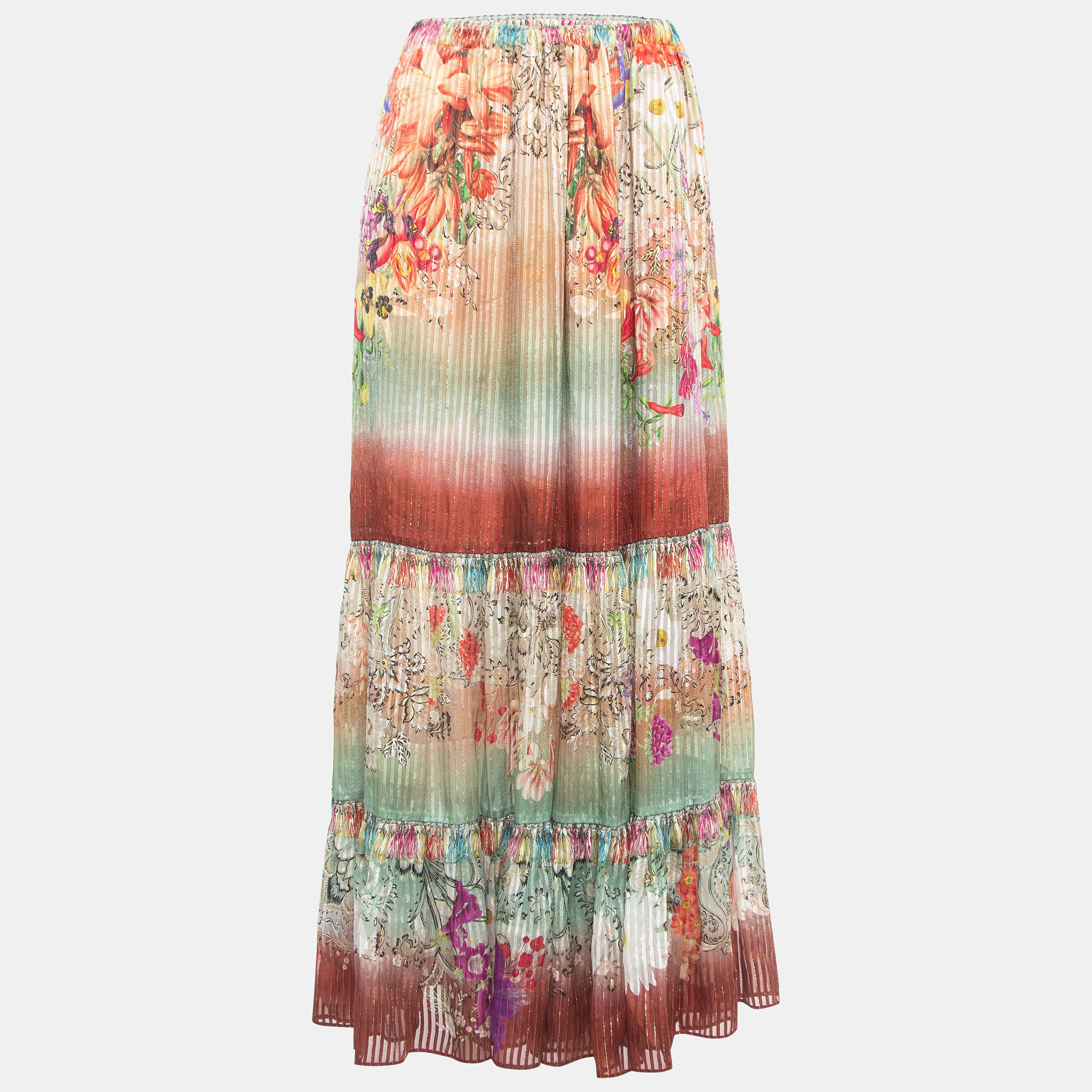 

Etro Multicolor Floral Print Metallic Silk Blend Tiered Maxi Skirt