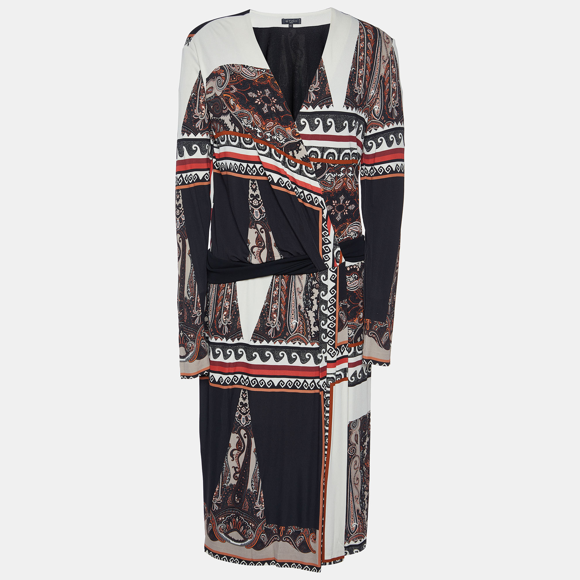 

Etro Black Paisley Print Jersey Faux Wrap Midi Dress