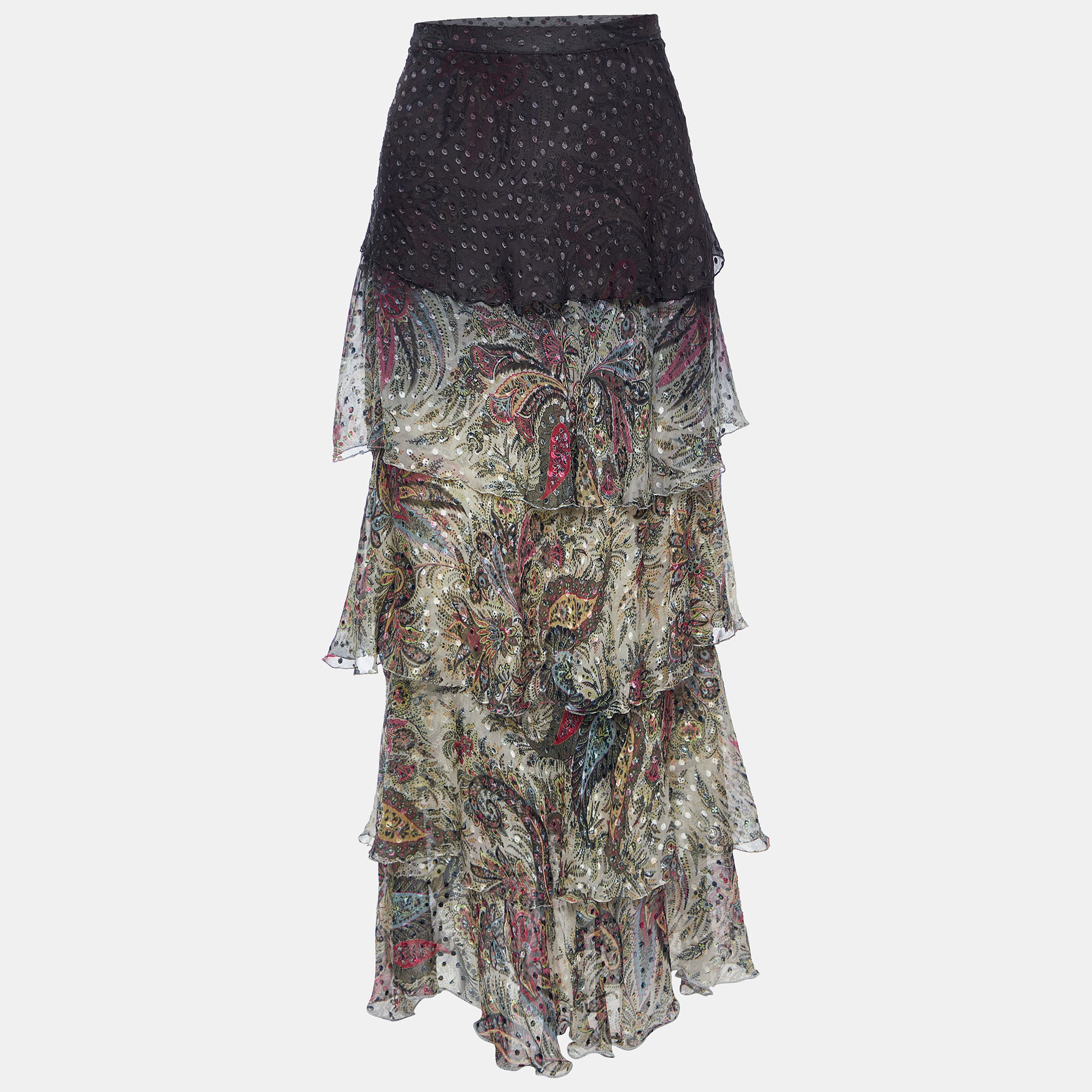 Pre-owned Etro Grey/cream Ombre Paisley Print Silk Tiered Maxi Skirt L