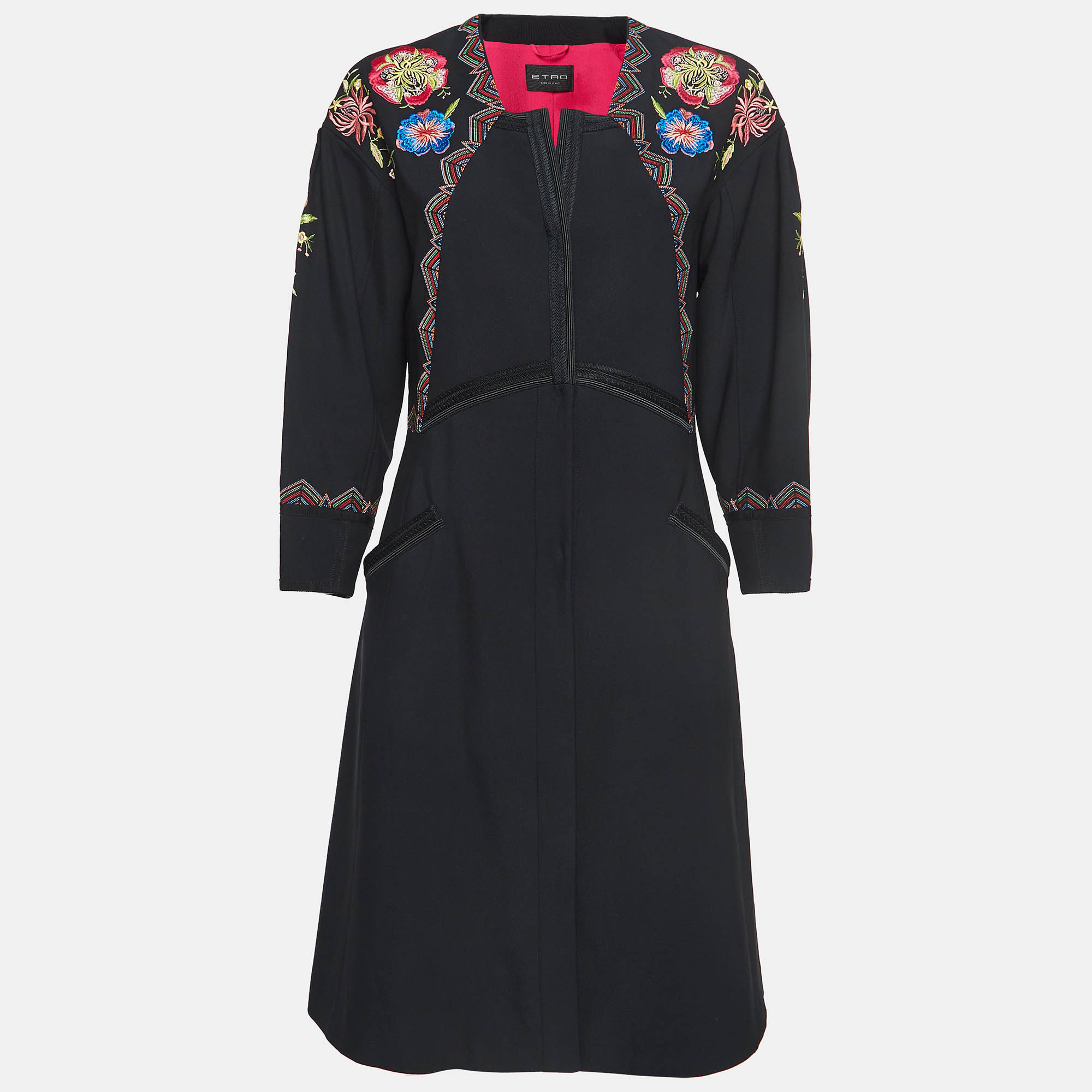 Pre-owned Etro Black Floral Embroidered Crepe Mid-length Coat M
