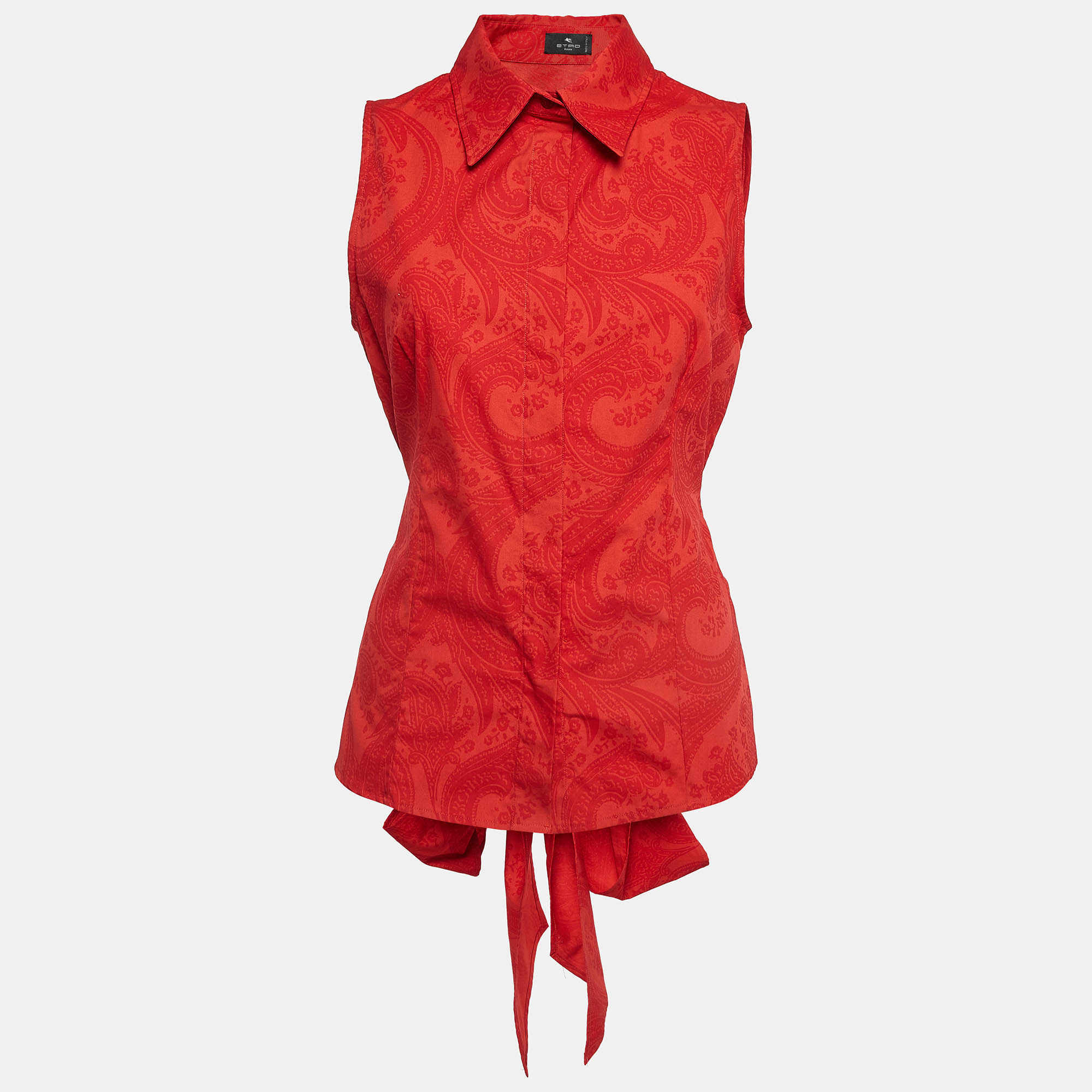 

Etro Red Paisley Print Cotton Waist Tie-Up Sleeveless Shirt L