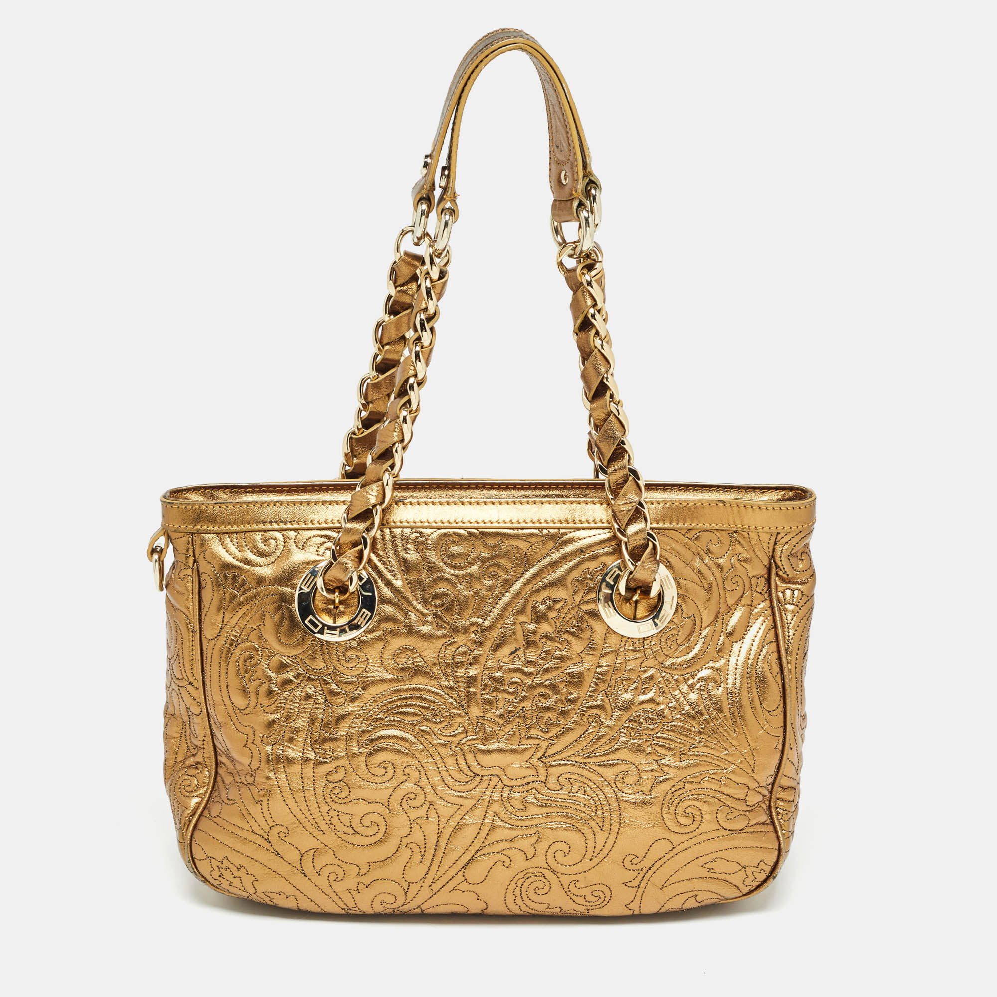 

Etro Gold Paisley Embossed Leather Chain Tote