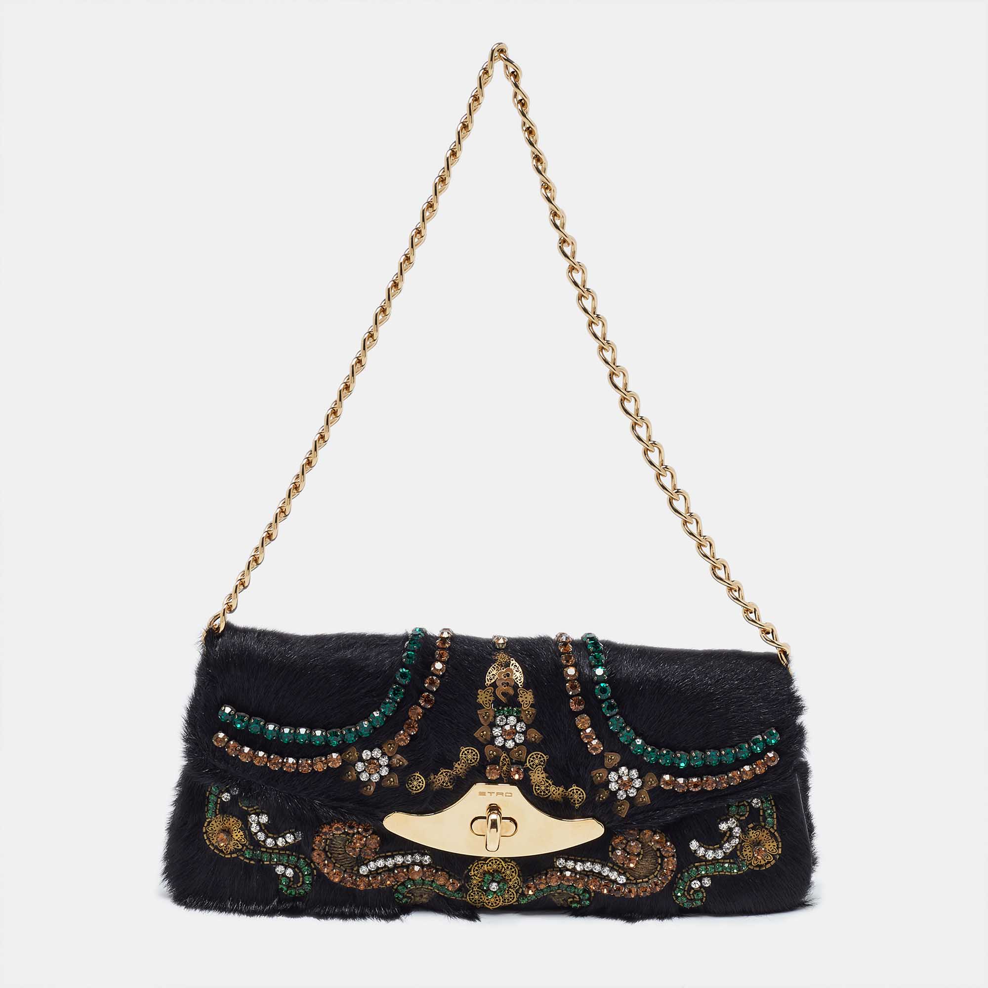 

Etro Black Calfhair Crystal Embellished Turnlock Clutch