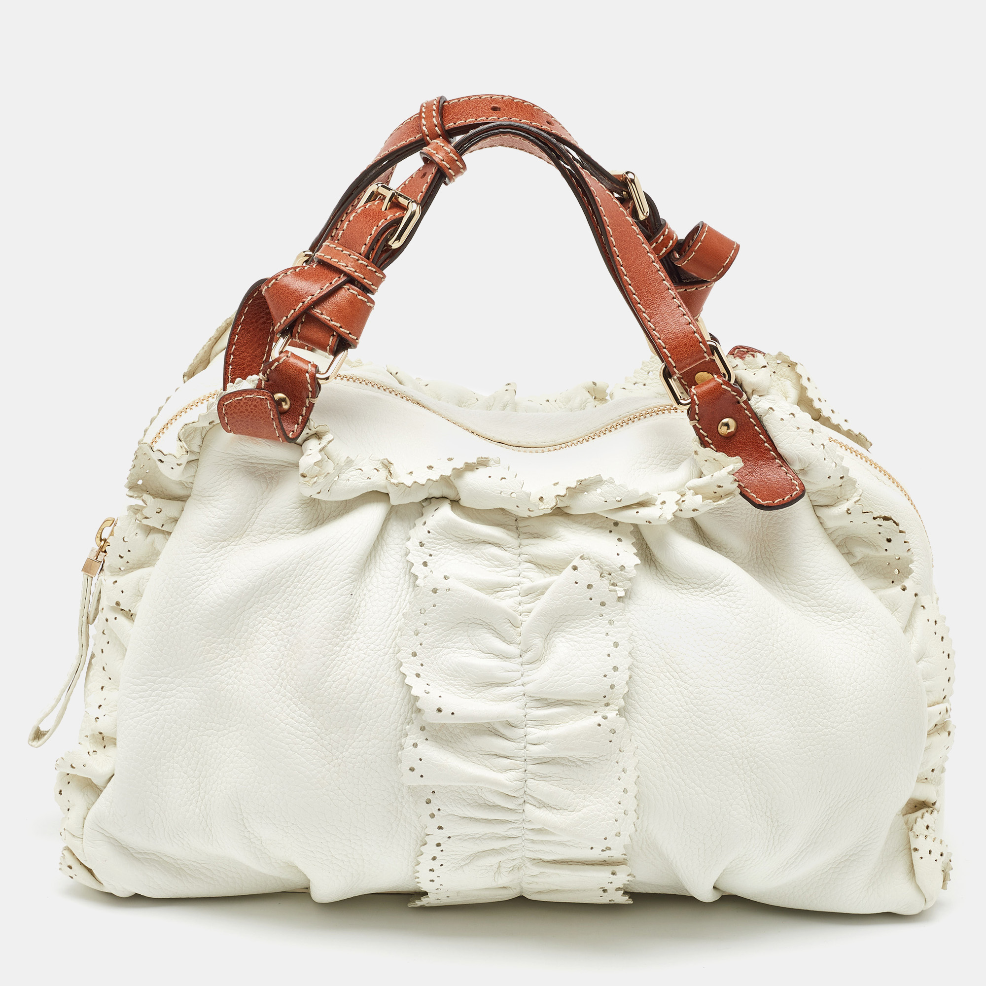 

Etro White/Brown Leather Ruffle Zip Satchel