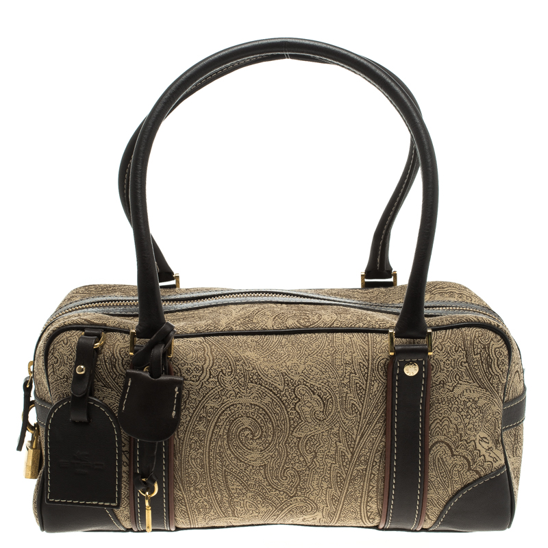 Pre Owned Etro Beige Paisley Printed Fabric Bowling Bag