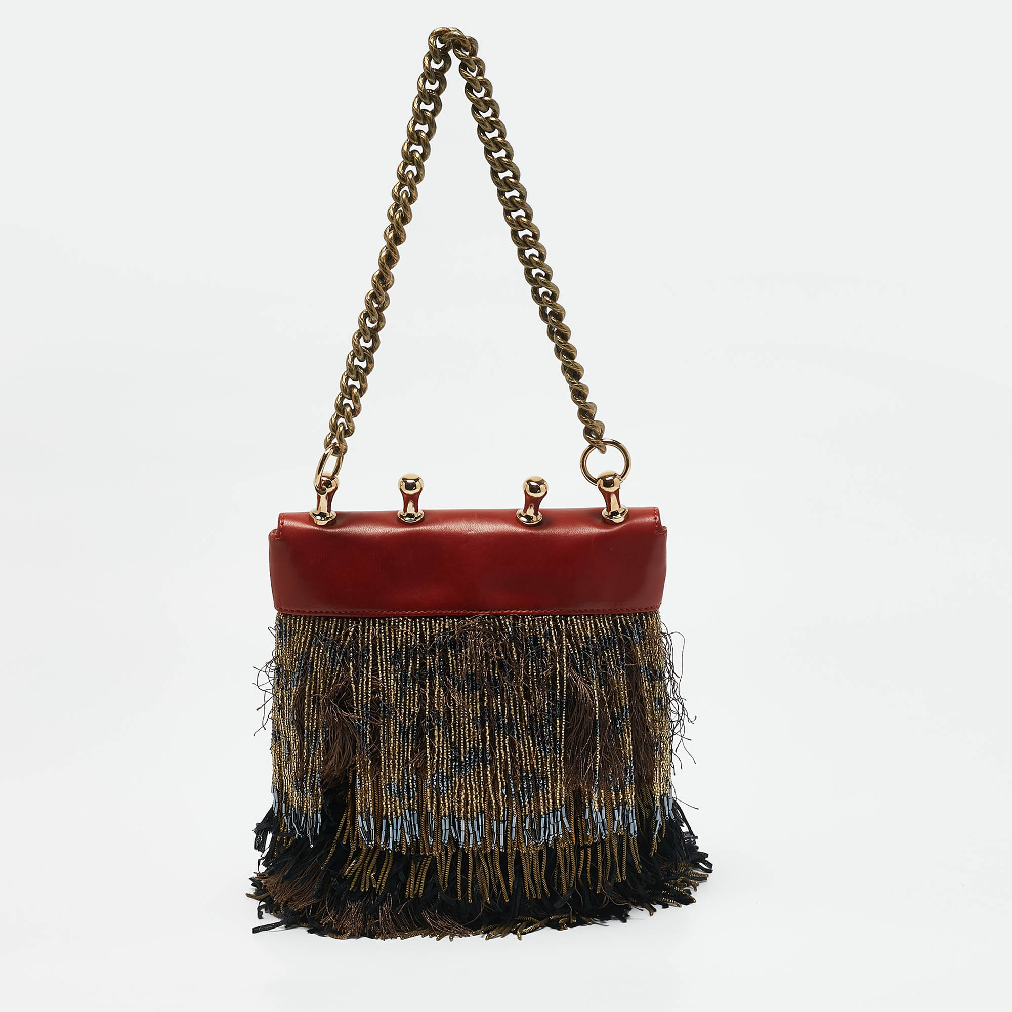 

Etro Brick Brown/Gold Leather Beaded Fringe Shoulder Bag