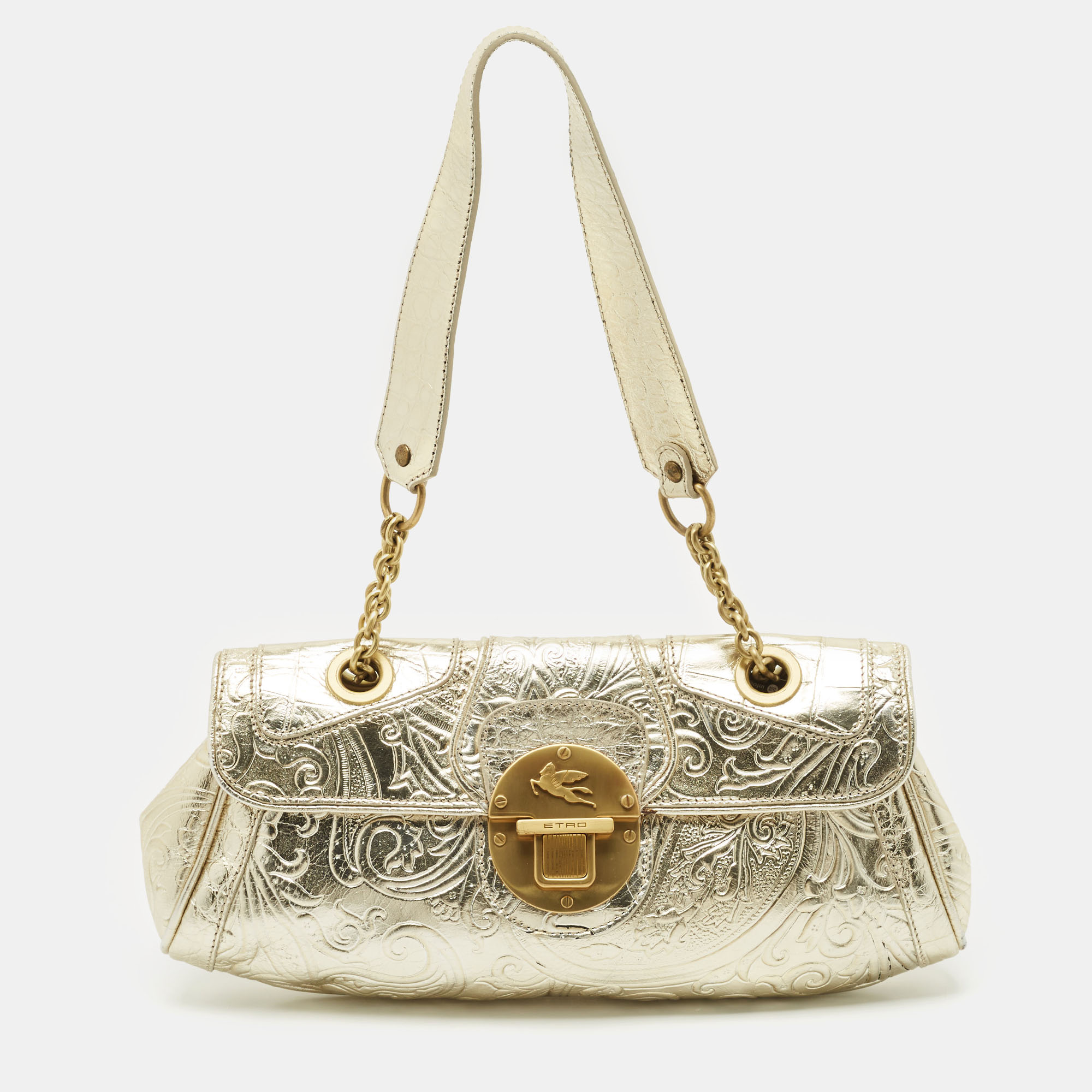 

Etro Gold Paisley Embossed Leather Shoulder Bag