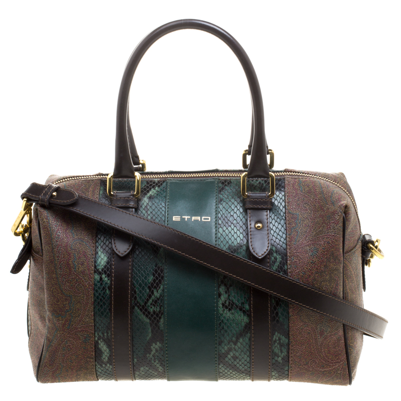 Pre Owned Etro Green Paisley Print and Python Embossed Leather Bowling Bag